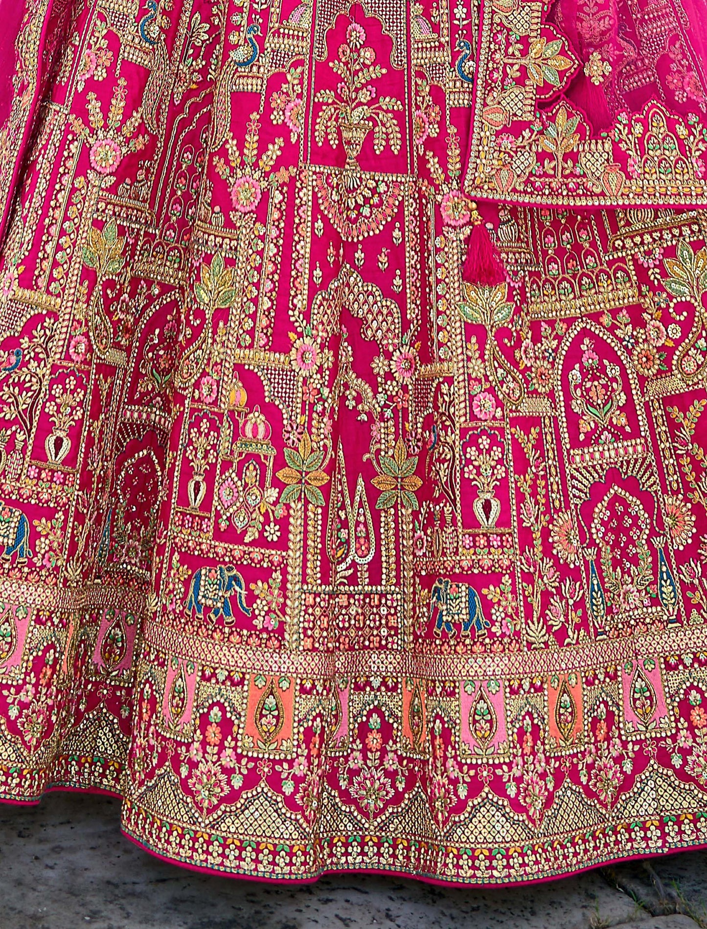 Dark Pink Heavy Zari and Sequins Embroidery Silk Bridal Lehenga