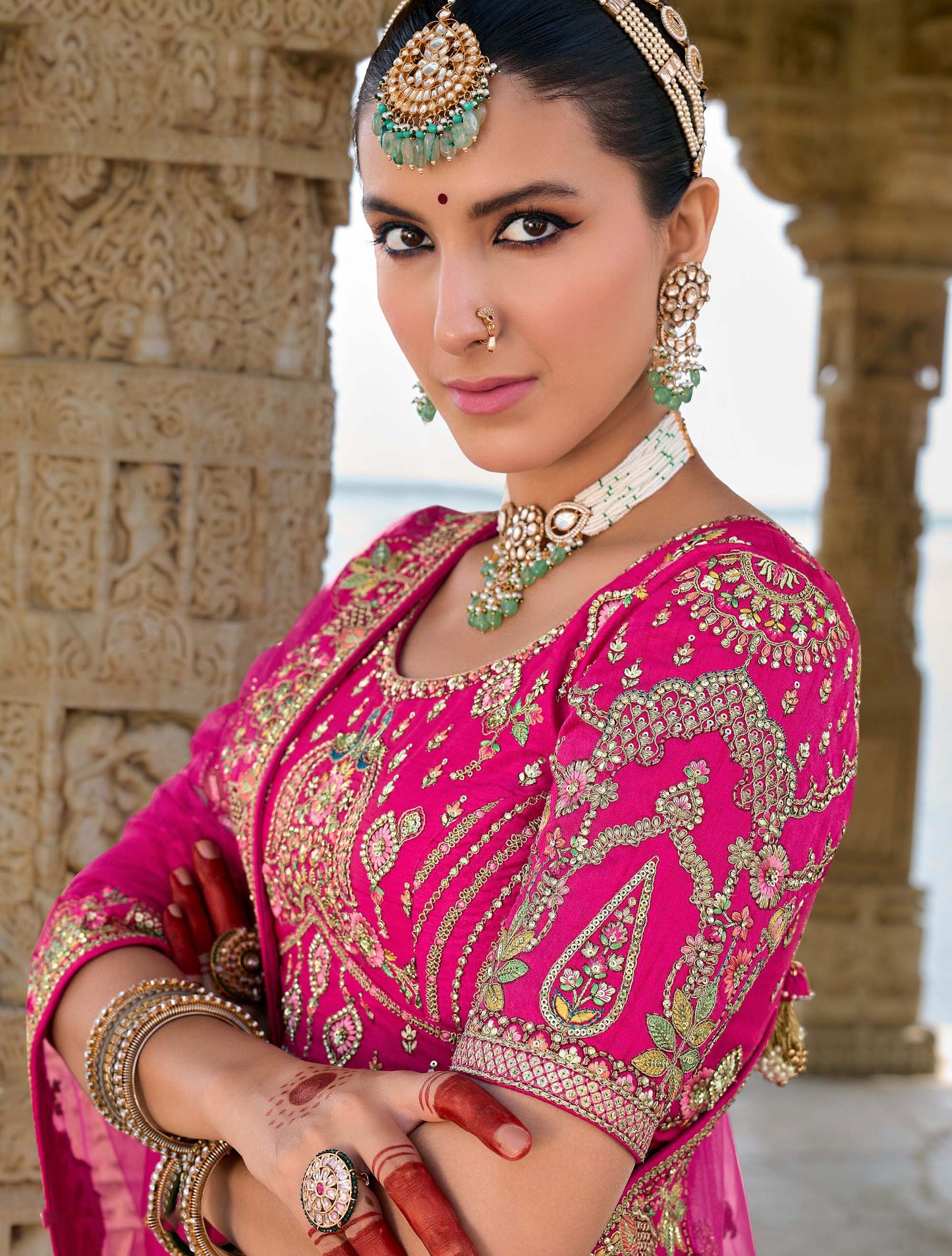 Dark Pink Heavy Zari and Sequins Embroidery Silk Bridal Lehenga