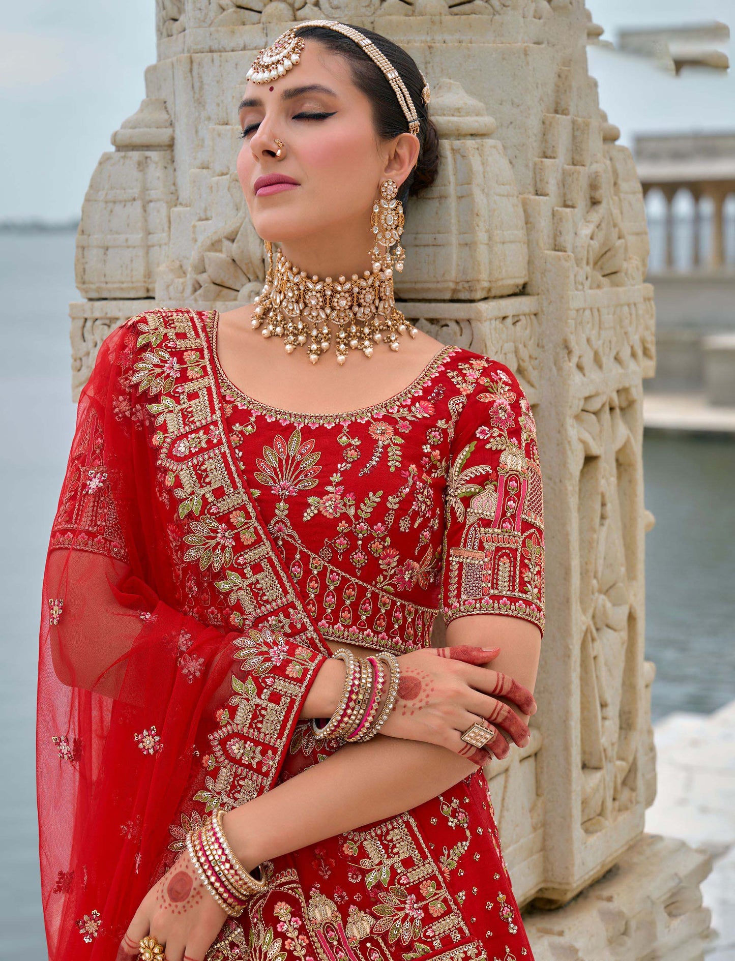 Bright Red Heavy Zari and Sequins Embroidery Silk Bridal Lehenga