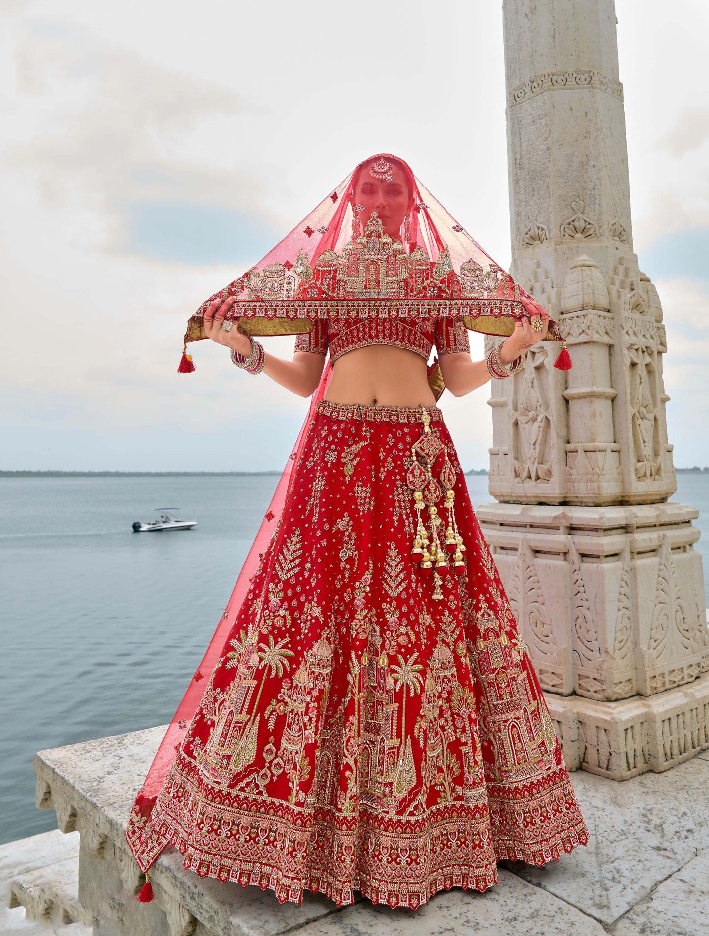 Bright Red Heavy Zari and Sequins Embroidery Silk Bridal Lehenga