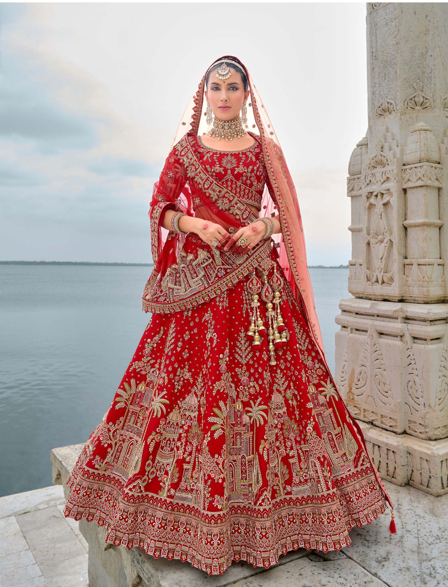 Bright Red Heavy Zari and Sequins Embroidery Silk Bridal Lehenga