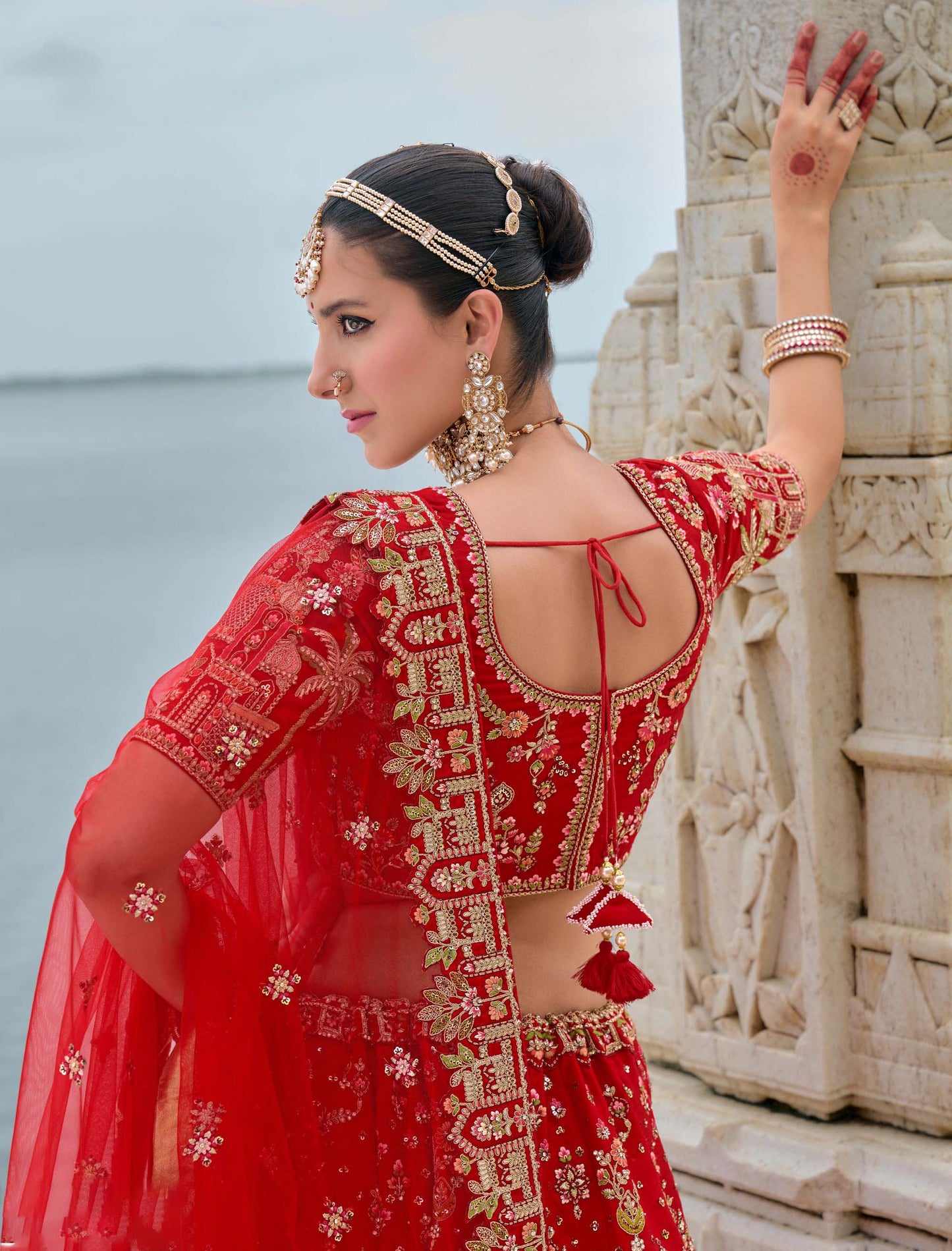 Bright Red Heavy Zari and Sequins Embroidery Silk Bridal Lehenga