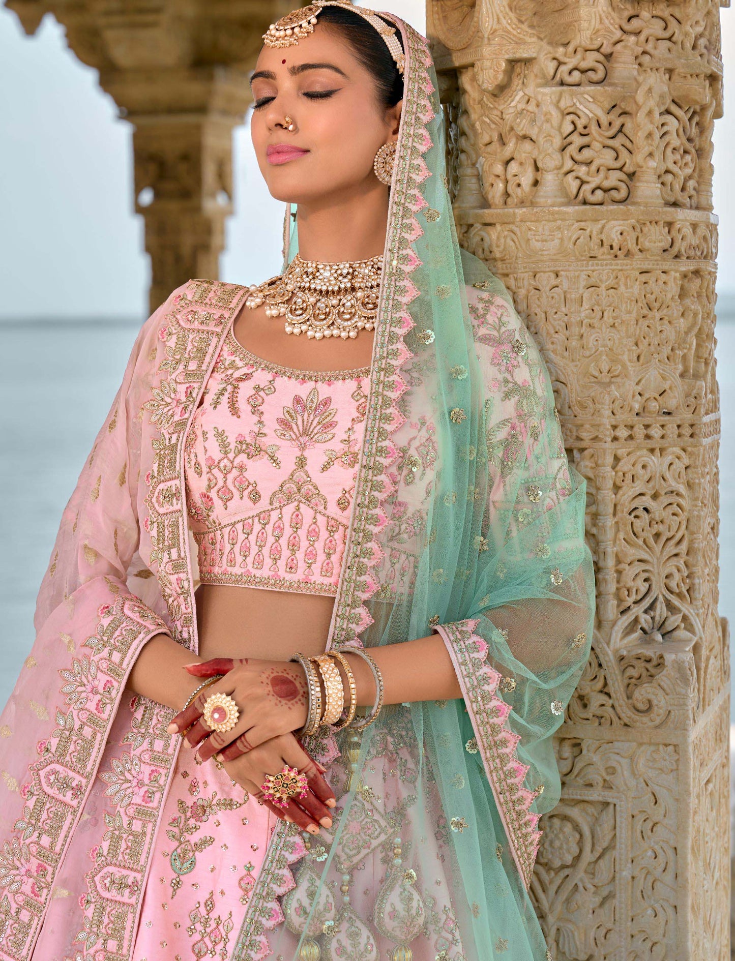 Light Pink Heavy Zari and Sequins Embroidery Silk Bridal Lehenga