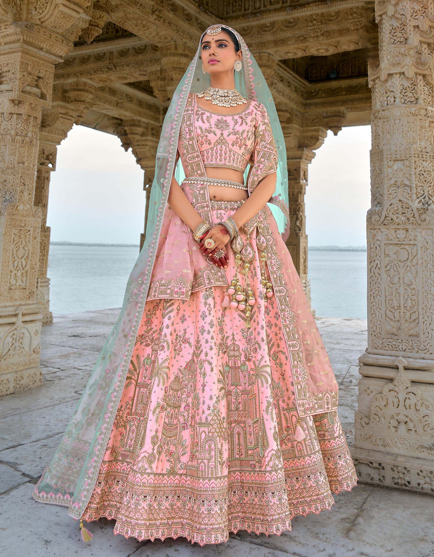 Light Pink Heavy Zari and Sequins Embroidery Silk Bridal Lehenga