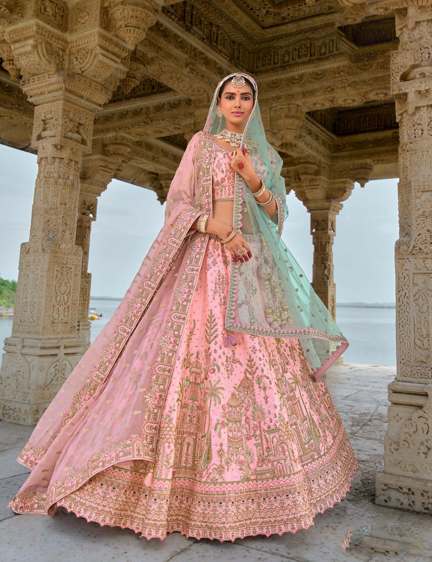 Light Pink Heavy Zari and Sequins Embroidery Silk Bridal Lehenga