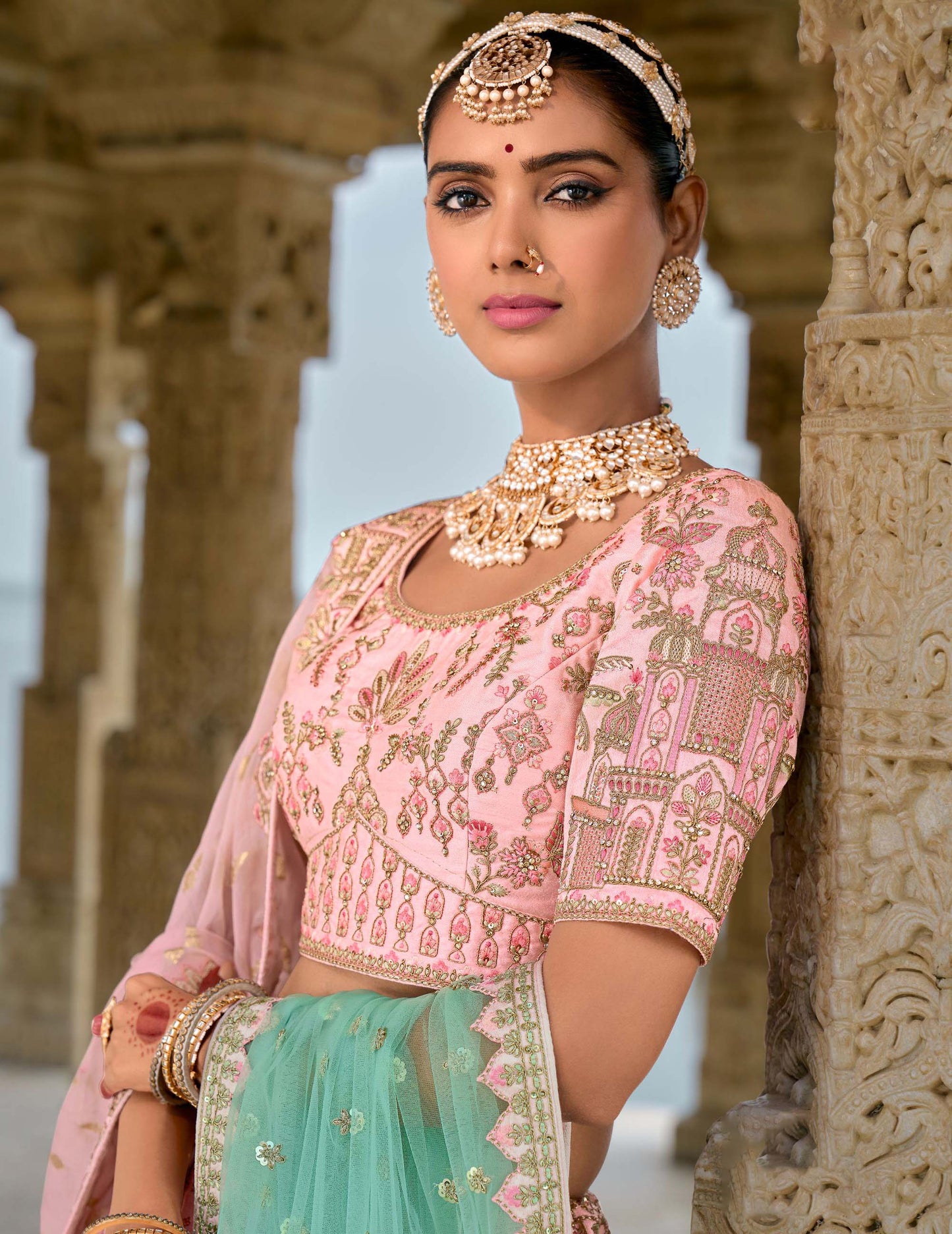 Light Pink Heavy Zari and Sequins Embroidery Silk Bridal Lehenga