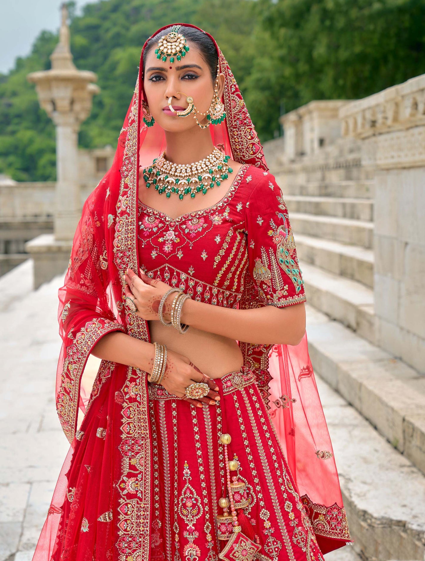 Red Heavy Dori Embroidery Silk Bridal Lehenga