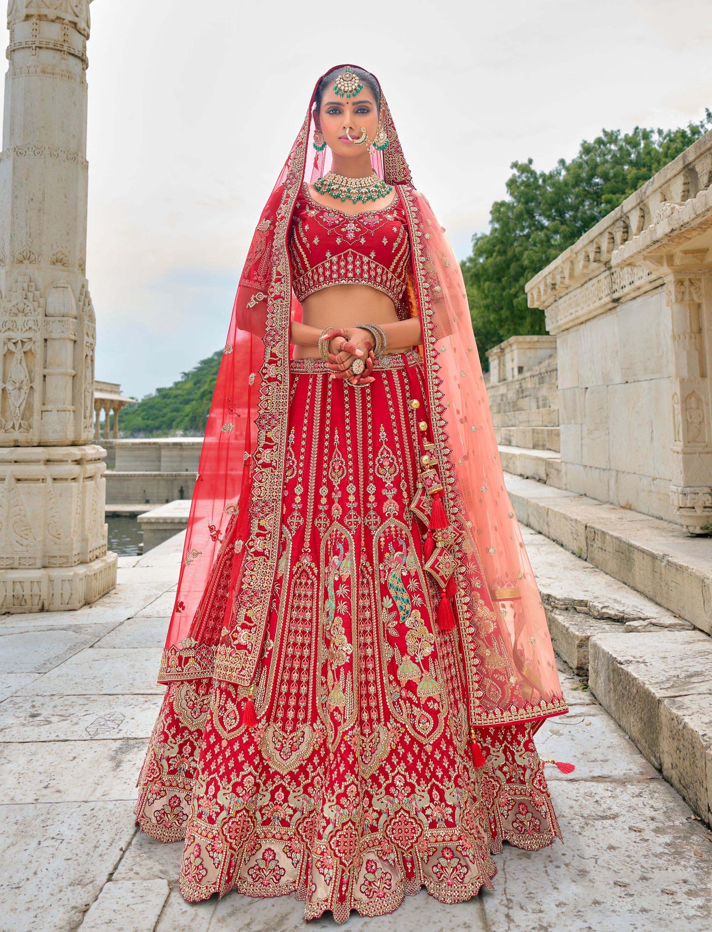 Red Heavy Dori Embroidery Silk Bridal Lehenga