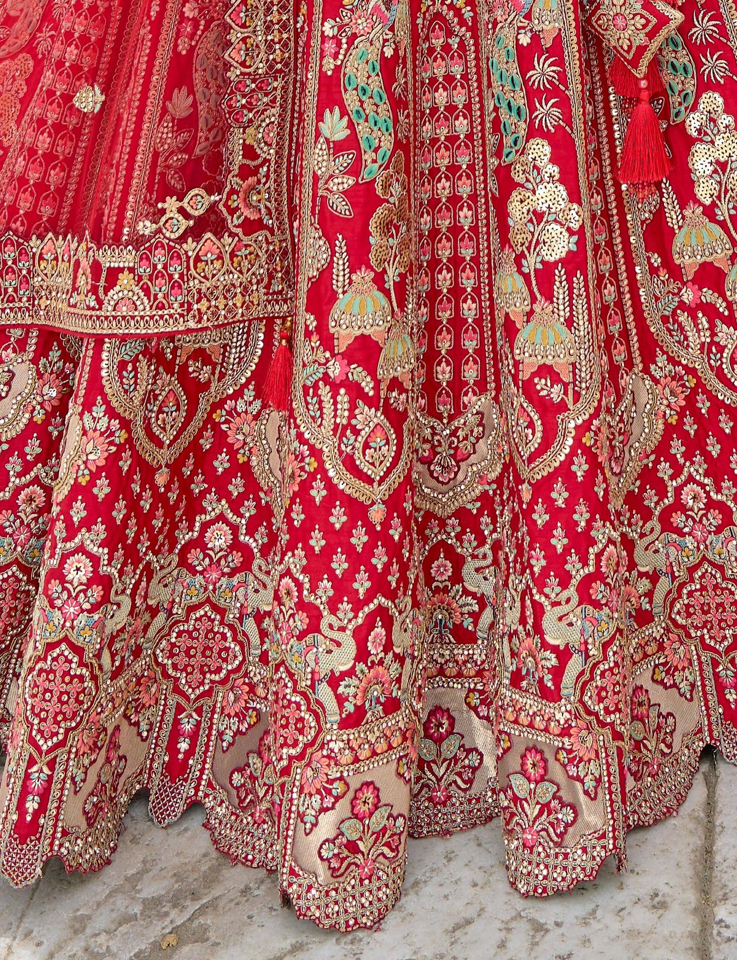 Red Heavy Dori Embroidery Silk Bridal Lehenga