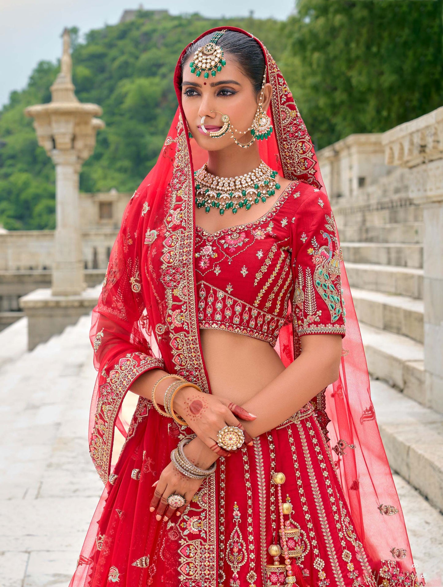 Red Heavy Dori Embroidery Silk Bridal Lehenga