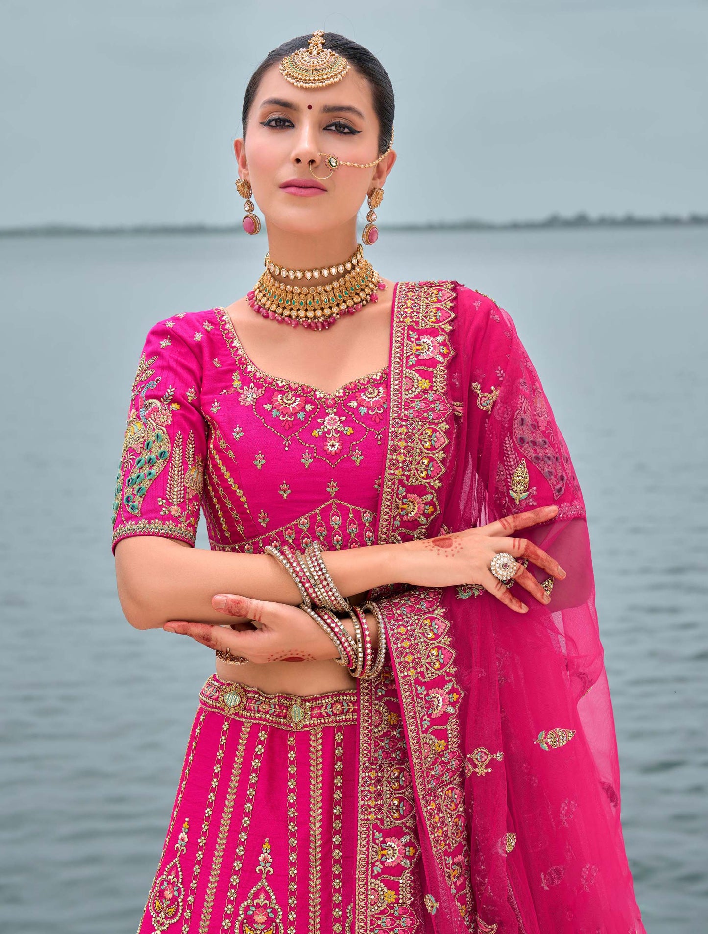 Royal Pink Heavy Zari and Sequins Embroidery Silk Bridal Lehenga