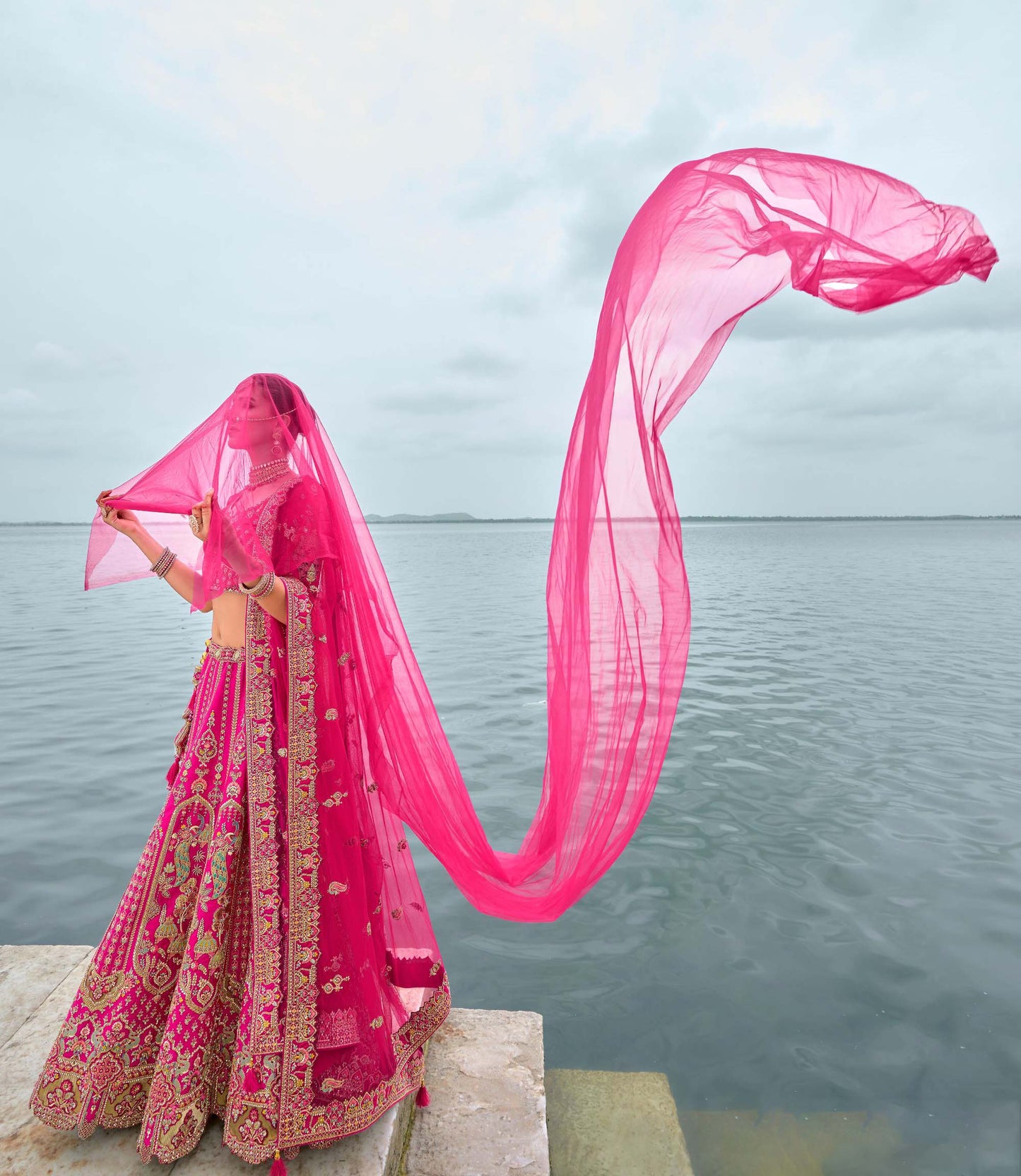 Royal Pink Heavy Zari and Sequins Embroidery Silk Bridal Lehenga