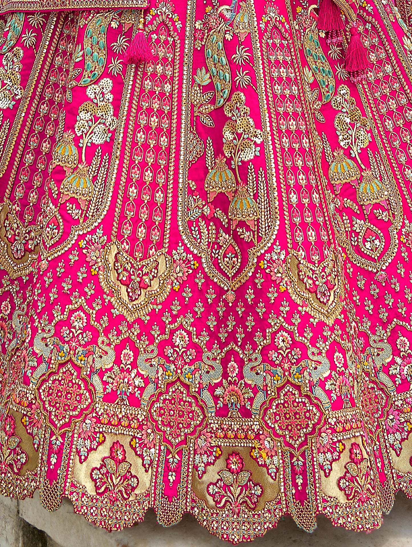 Royal Pink Heavy Zari and Sequins Embroidery Silk Bridal Lehenga