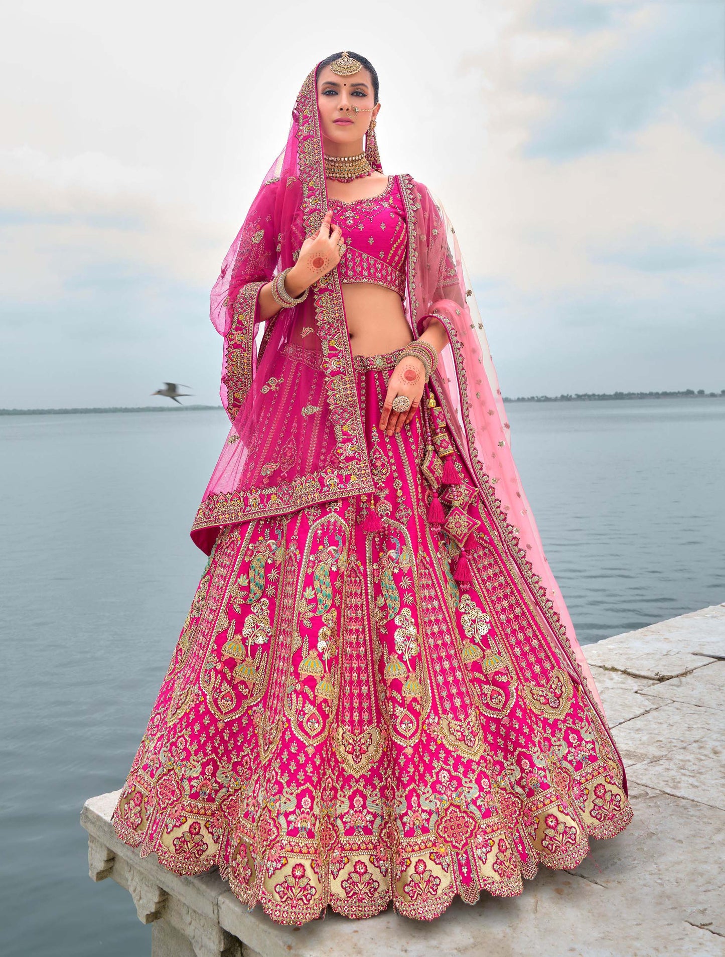 Royal Pink Heavy Zari and Sequins Embroidery Silk Bridal Lehenga