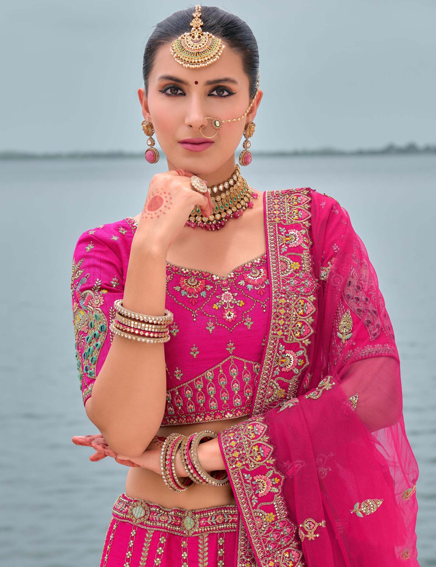 Royal Pink Heavy Zari and Sequins Embroidery Silk Bridal Lehenga