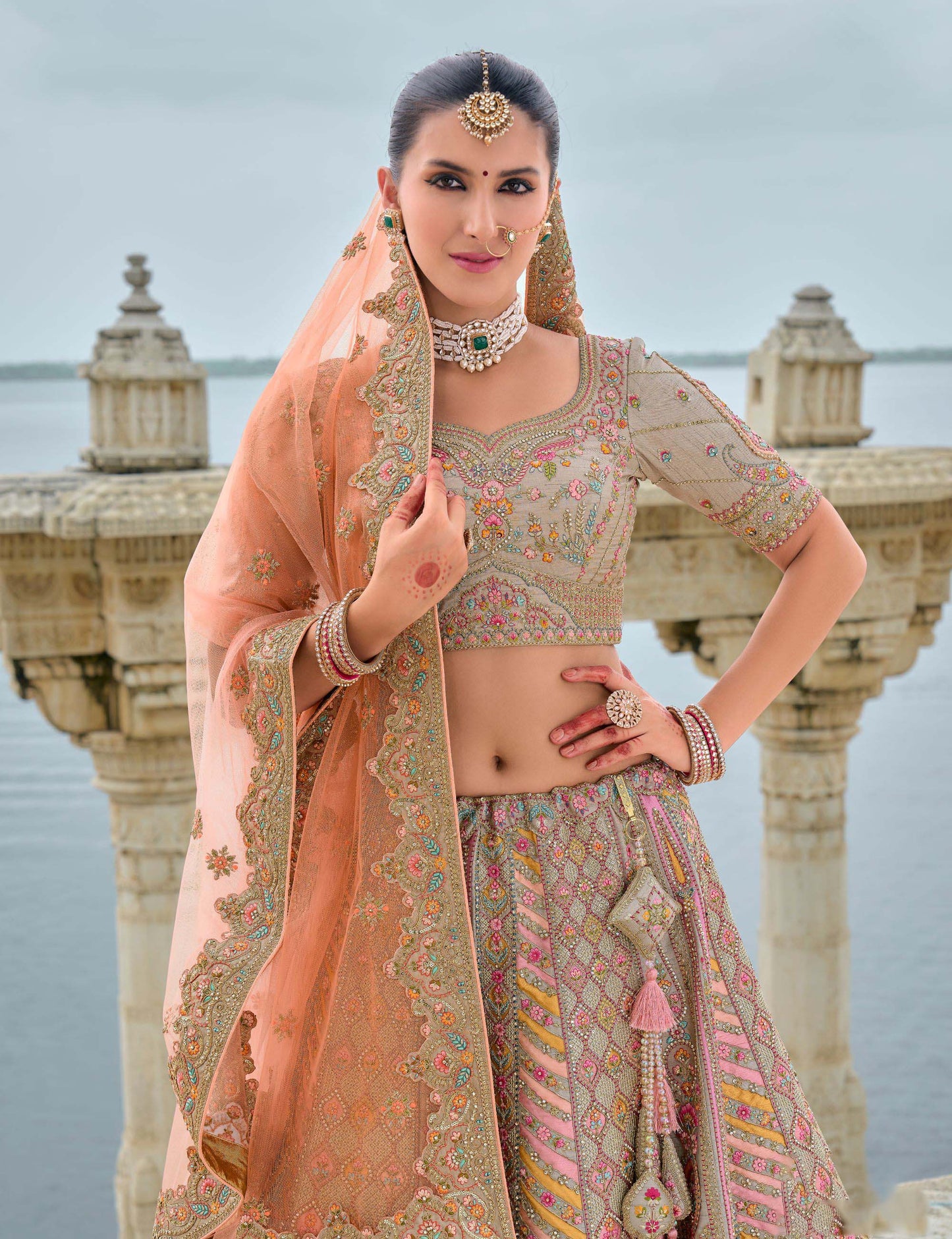 Grey Heavy Zari and Sequins Embroidery Silk Bridal Lehenga