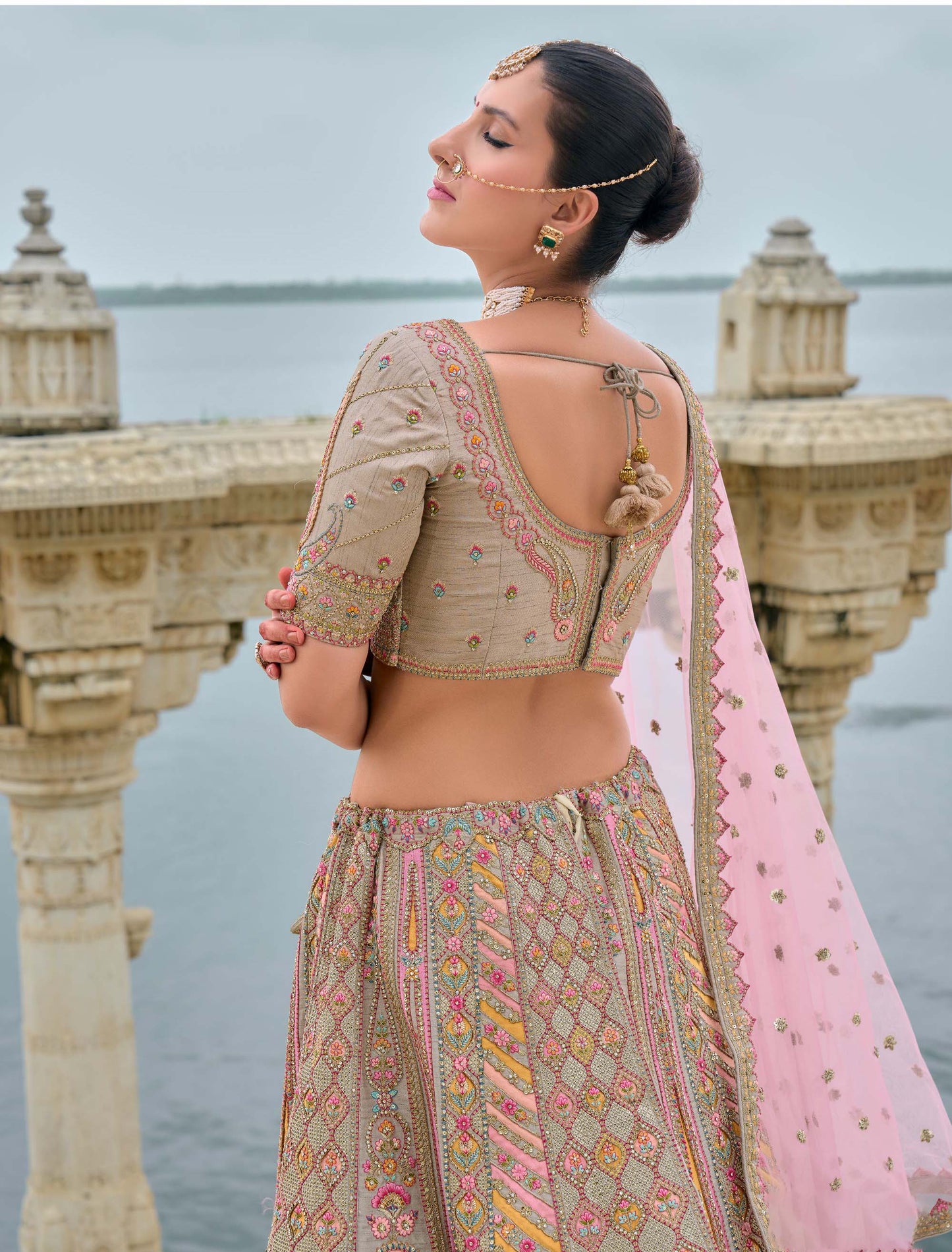 Grey Heavy Zari and Sequins Embroidery Silk Bridal Lehenga