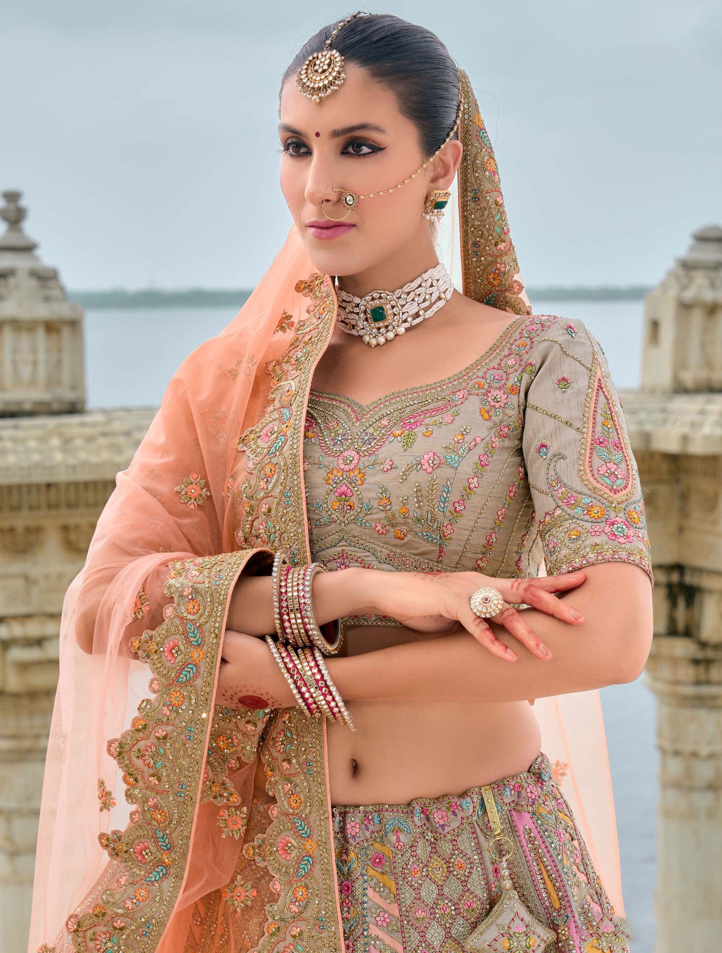 Grey Heavy Zari and Sequins Embroidery Silk Bridal Lehenga