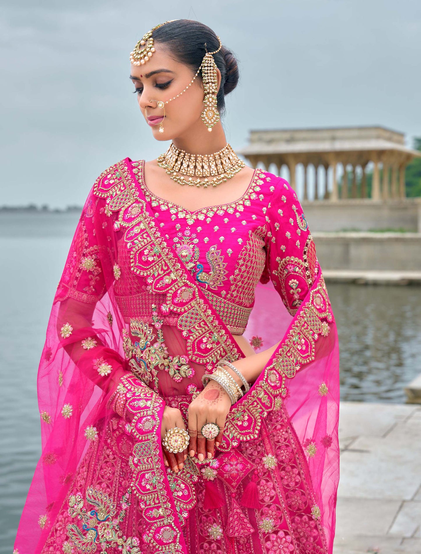 Pink Heavy Zaria and Sequins Embroidery Silk Bridal Lehenga