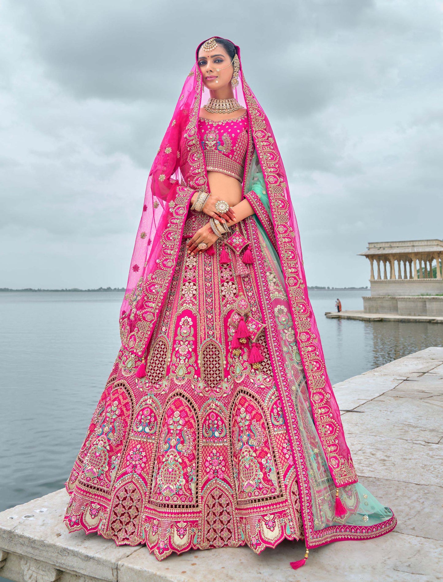 Pink Heavy Zaria and Sequins Embroidery Silk Bridal Lehenga