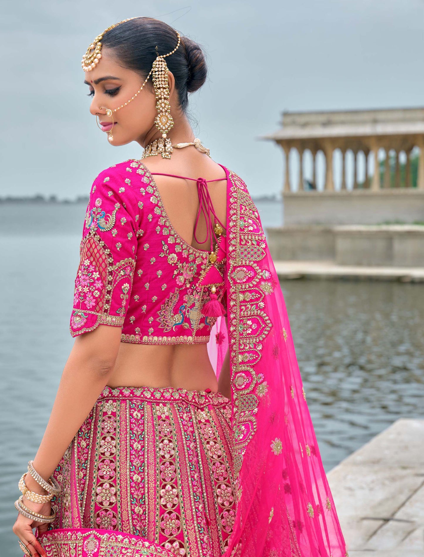 Pink Heavy Zaria and Sequins Embroidery Silk Bridal Lehenga