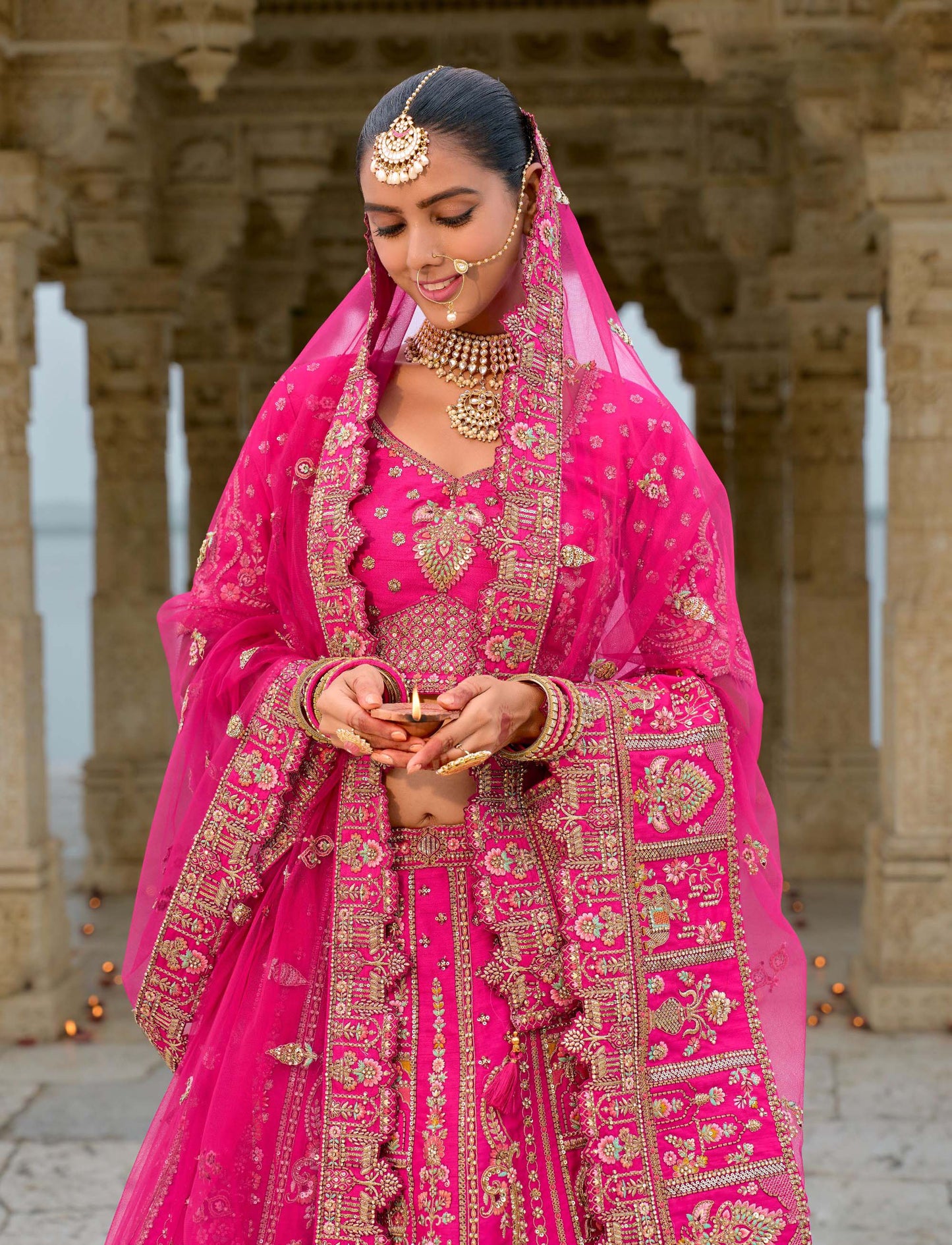 Pink Heavy Zari and Dori Embroidery Silk Bridal Lehenga