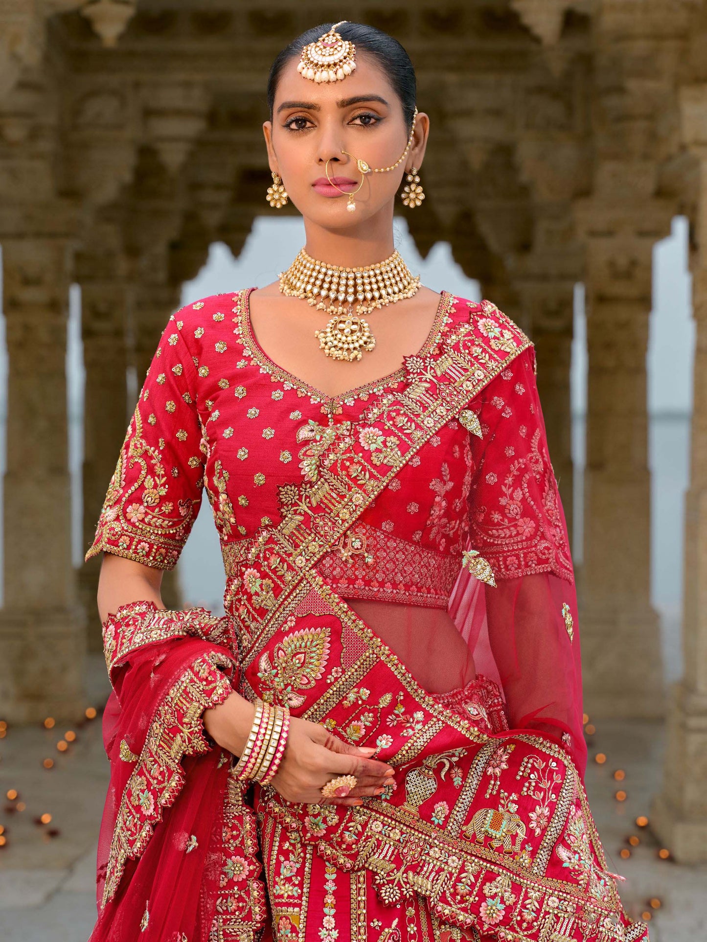 Bridal Red Heavy Zari and Dori Embroidery Silk Bridal Lehenga