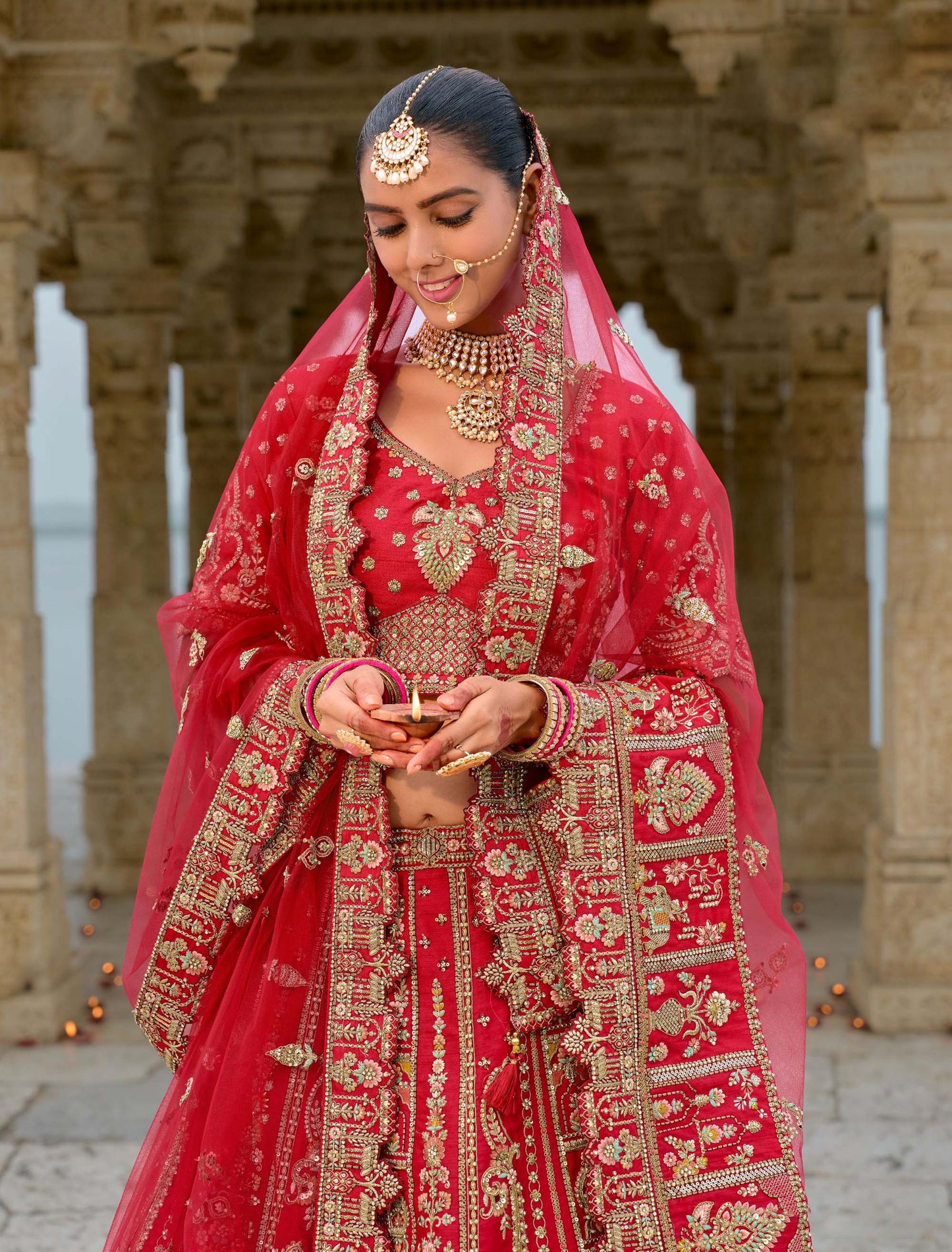 Bridal Red Heavy Zari and Dori Embroidery Silk Bridal Lehenga