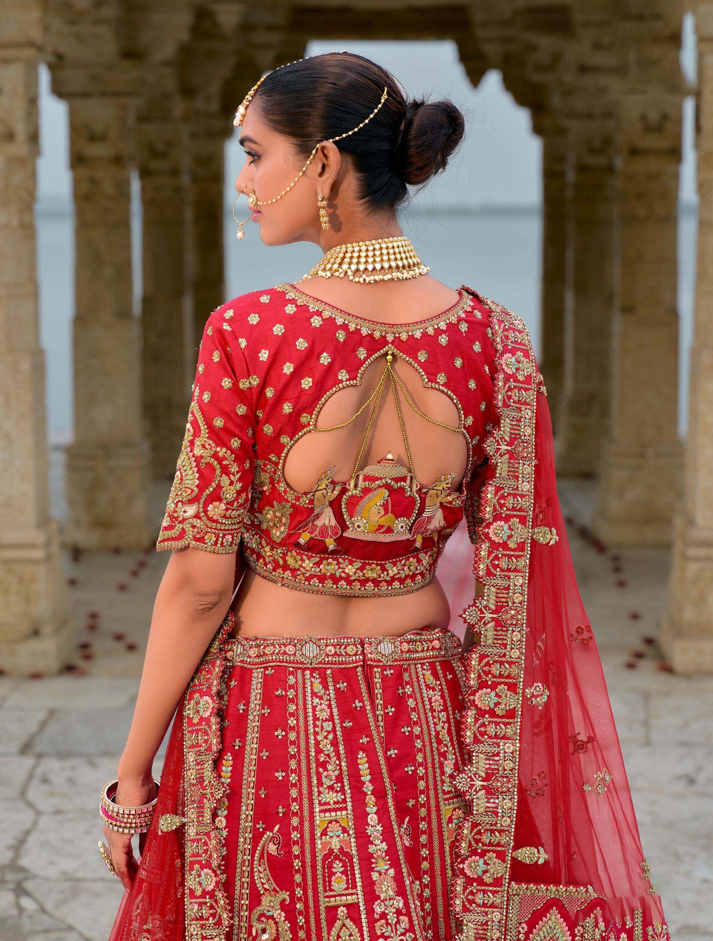 Bridal Red Heavy Zari and Dori Embroidery Silk Bridal Lehenga