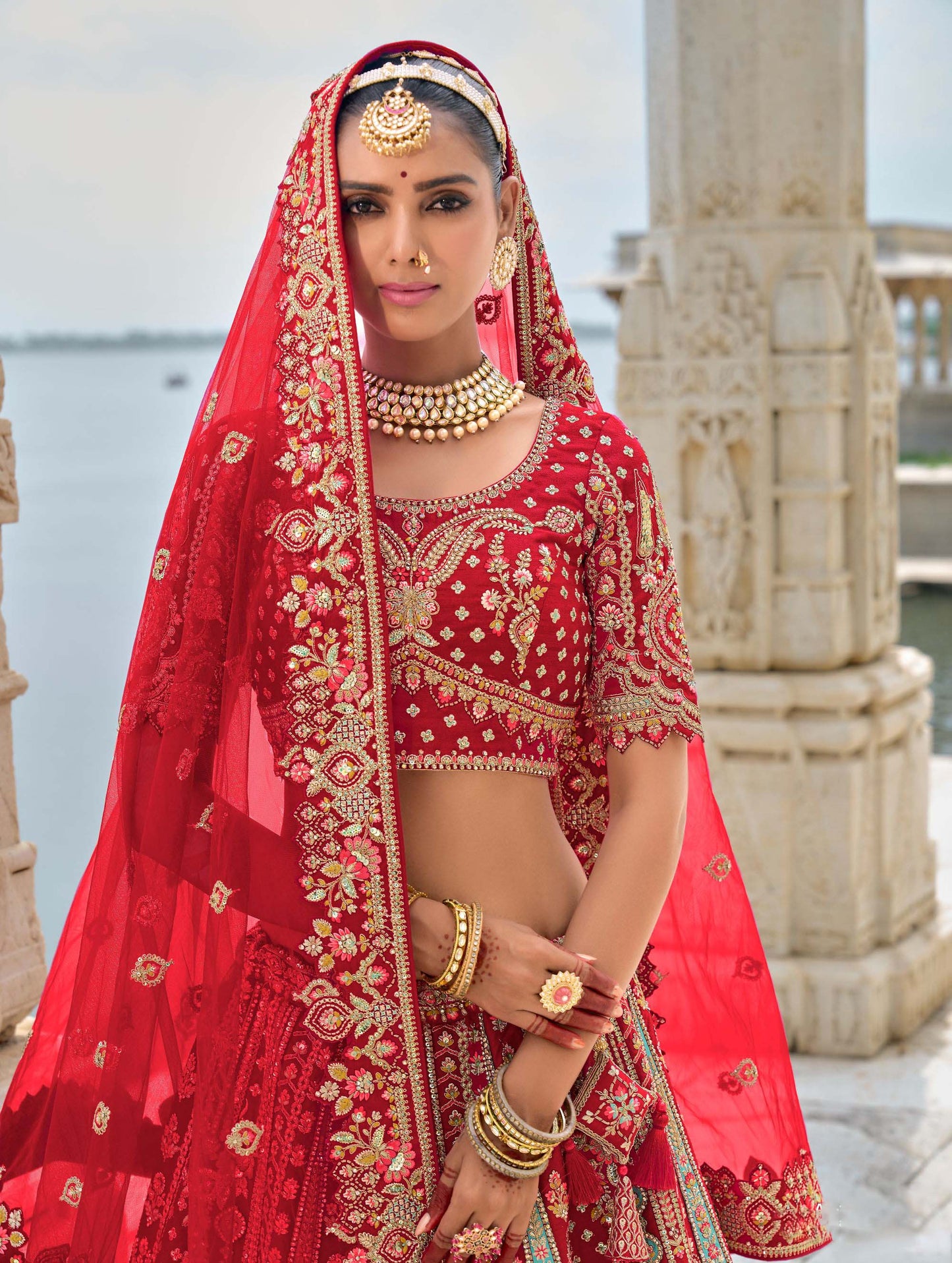 Dark Red Heavy Zari and Dori Embroidery Silk Bridal Lehenga