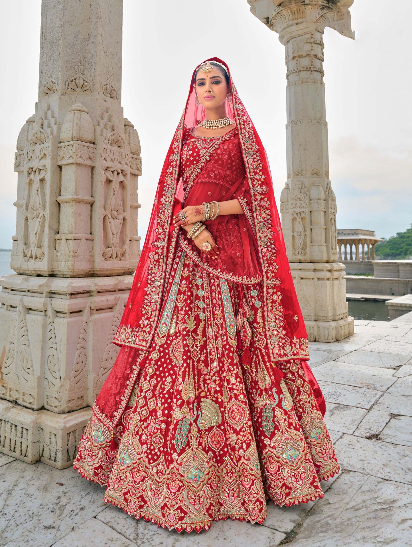 Dark Red Heavy Zari and Dori Embroidery Silk Bridal Lehenga