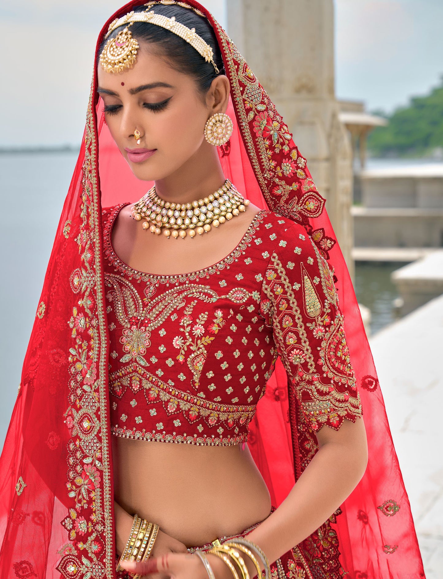 Dark Red Heavy Zari and Dori Embroidery Silk Bridal Lehenga