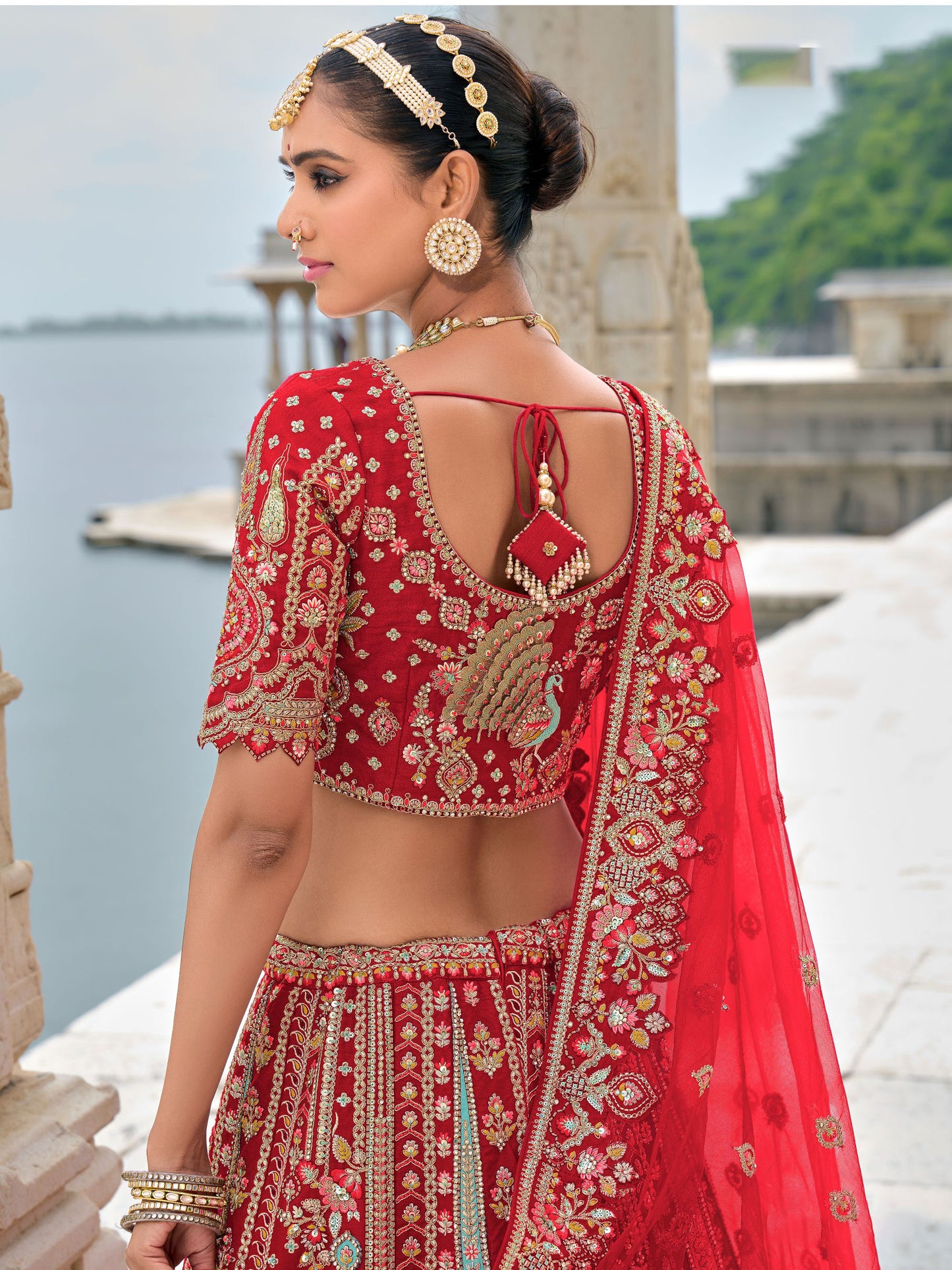 Dark Red Heavy Zari and Dori Embroidery Silk Bridal Lehenga