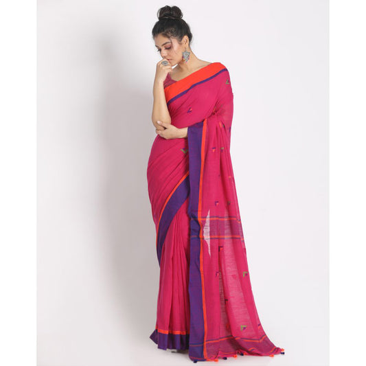 Rose Red Cotton Handloom With Weaving Motif