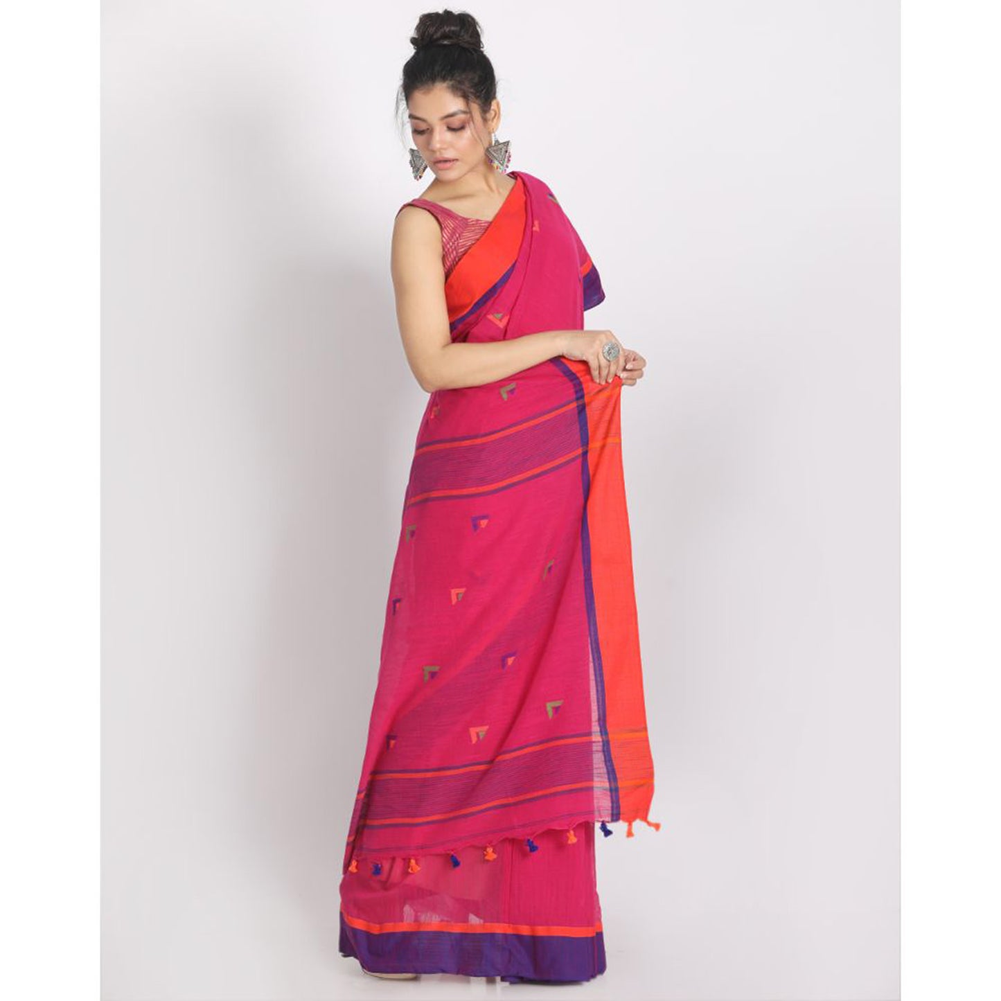 Rose Red Cotton Handloom With Weaving Motif