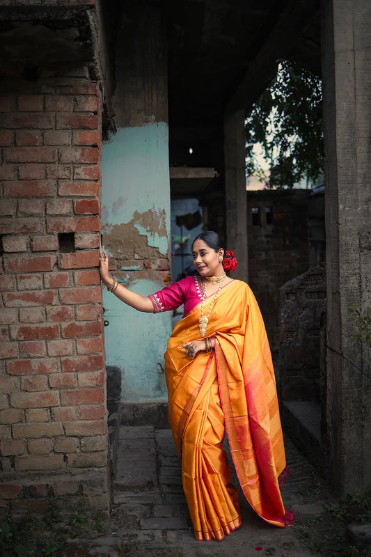 Handloom Yellow Pure Silk Kanchi Contemporary Saree