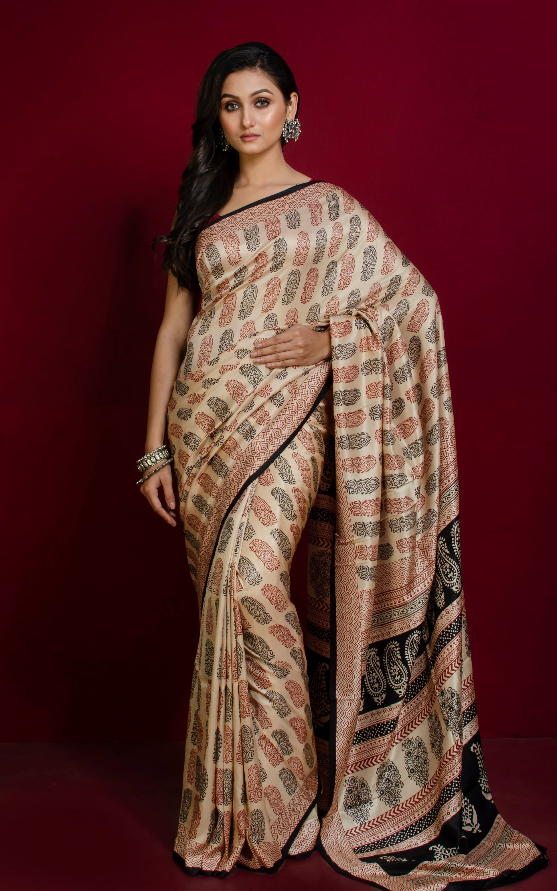 Hand Block Bagh Printed Soft Tussar Silk Saree in Beige, Dark Red and Black