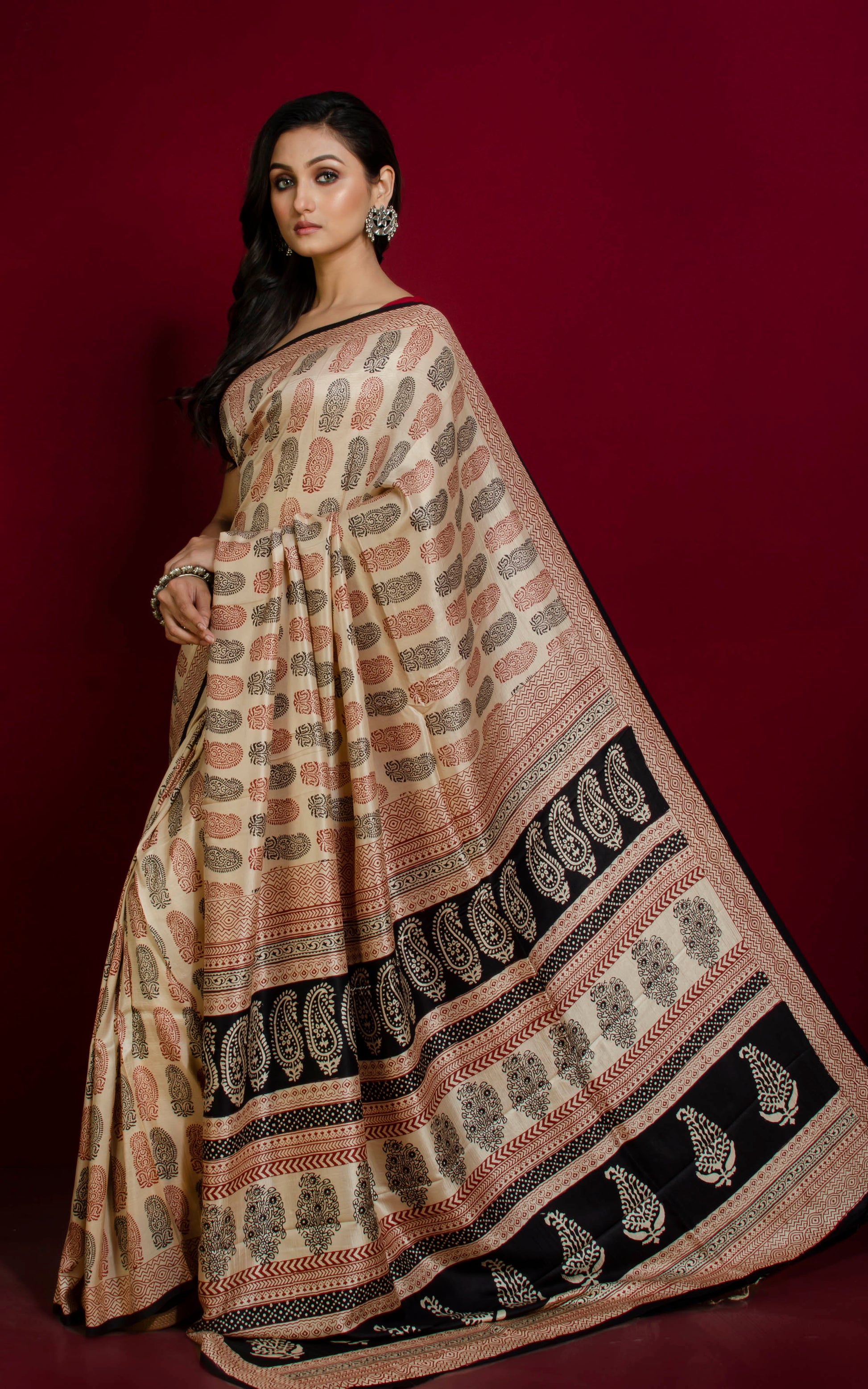 Hand Block Bagh Printed Soft Tussar Silk Saree in Beige, Dark Red and Black