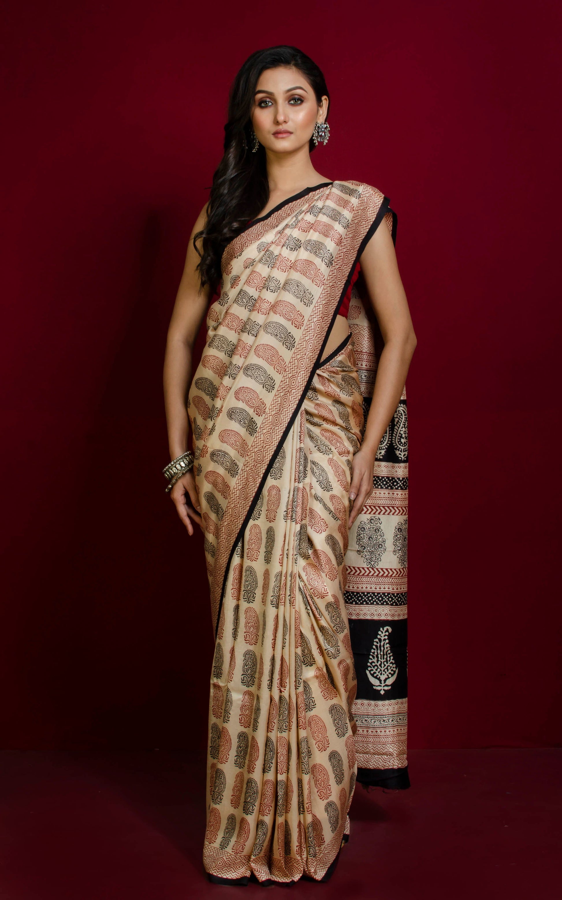 Hand Block Bagh Printed Soft Tussar Silk Saree in Beige, Dark Red and Black