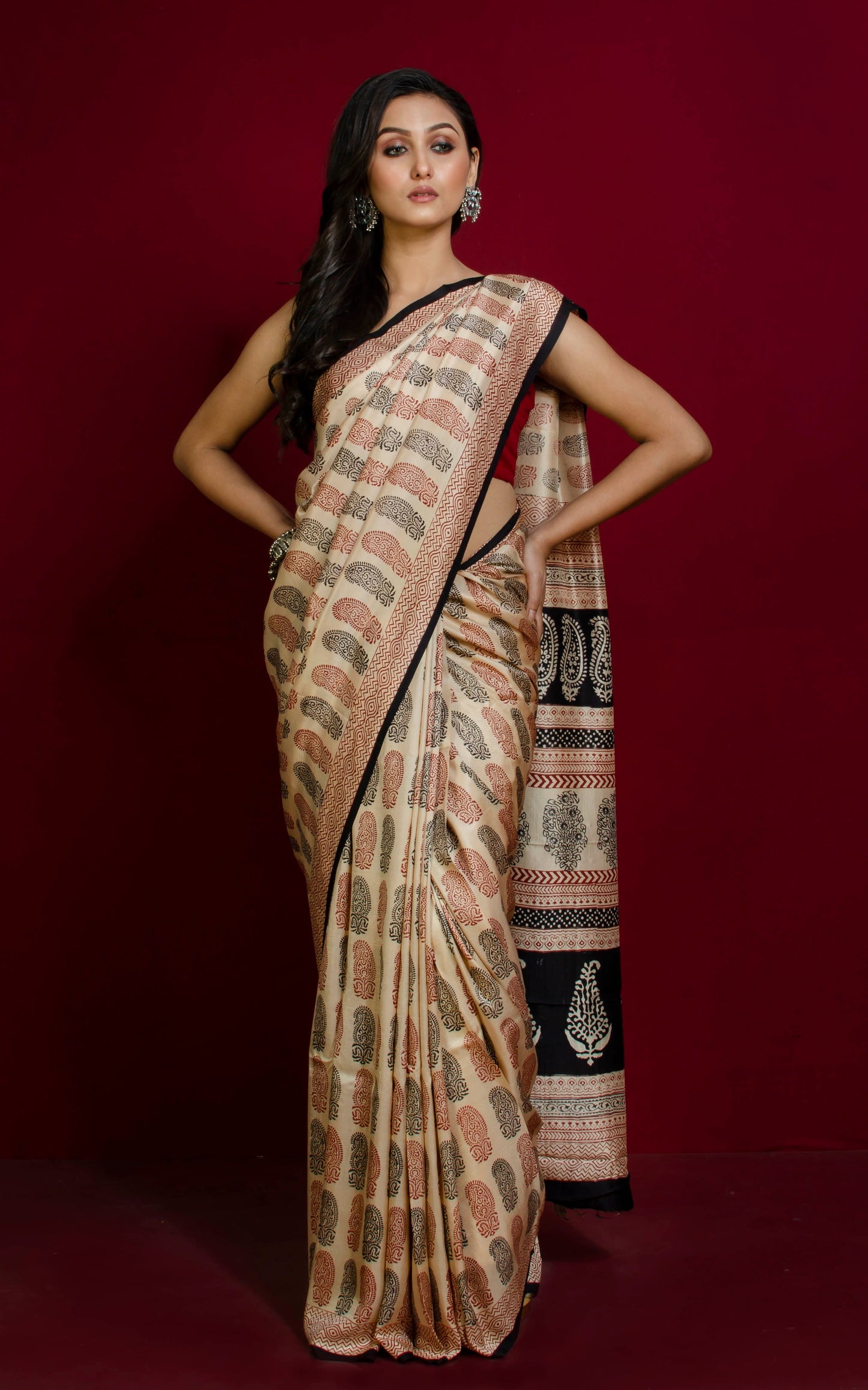 Hand Block Bagh Printed Soft Tussar Silk Saree in Beige, Dark Red and Black