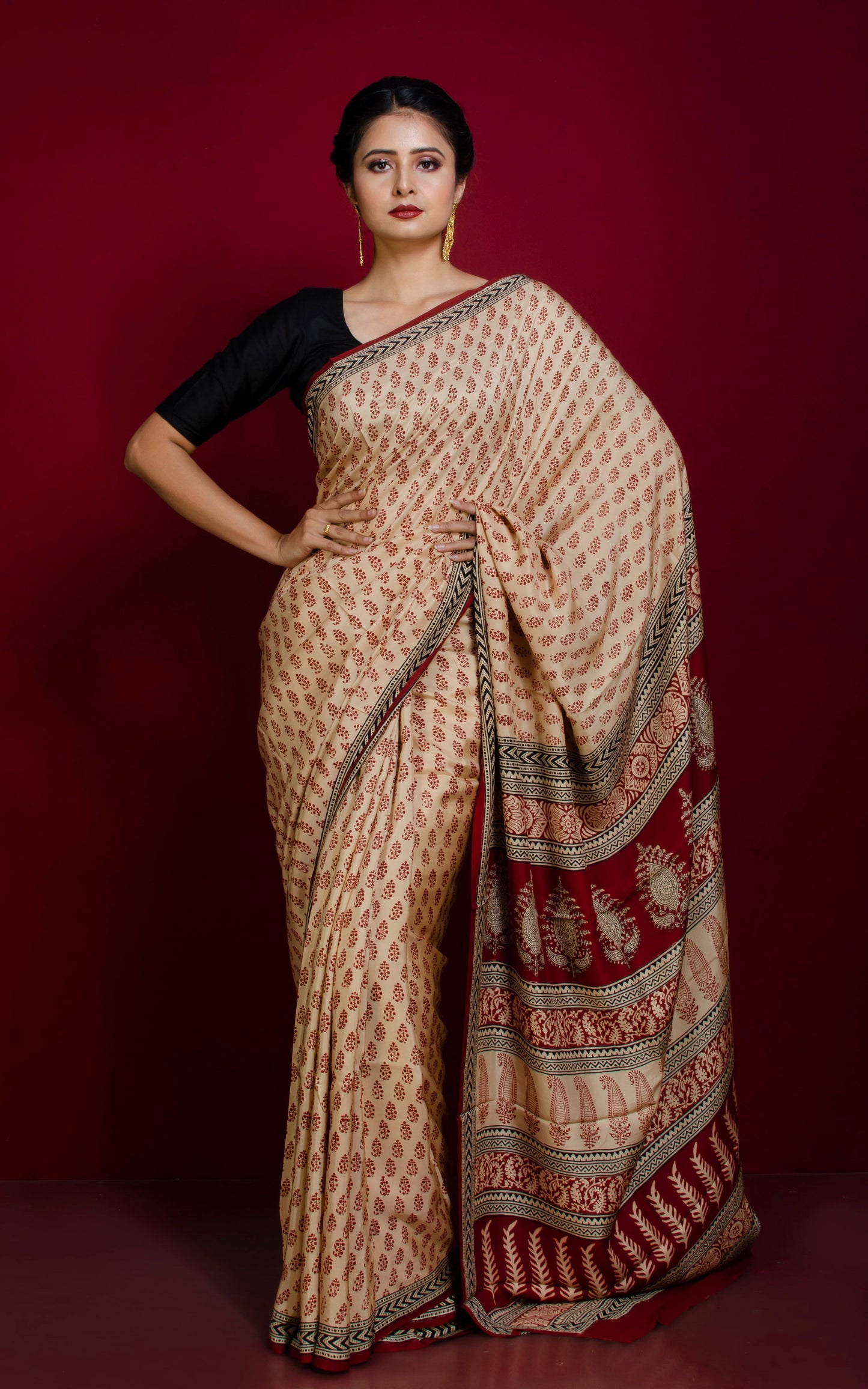 Hand Block Bagh Printed Soft Tussar Silk Saree in Beige, Maroon and Black