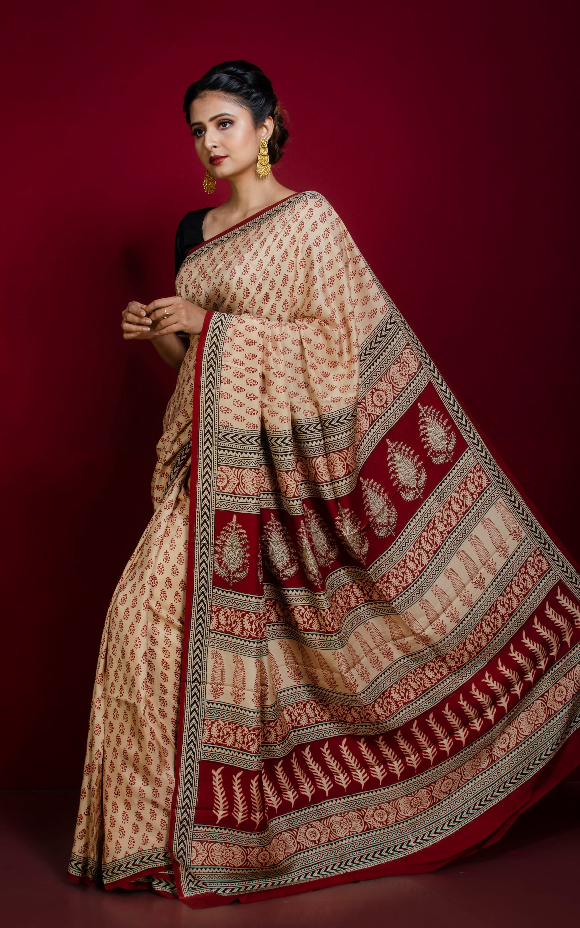 Hand Block Bagh Printed Soft Tussar Silk Saree in Beige, Maroon and Black