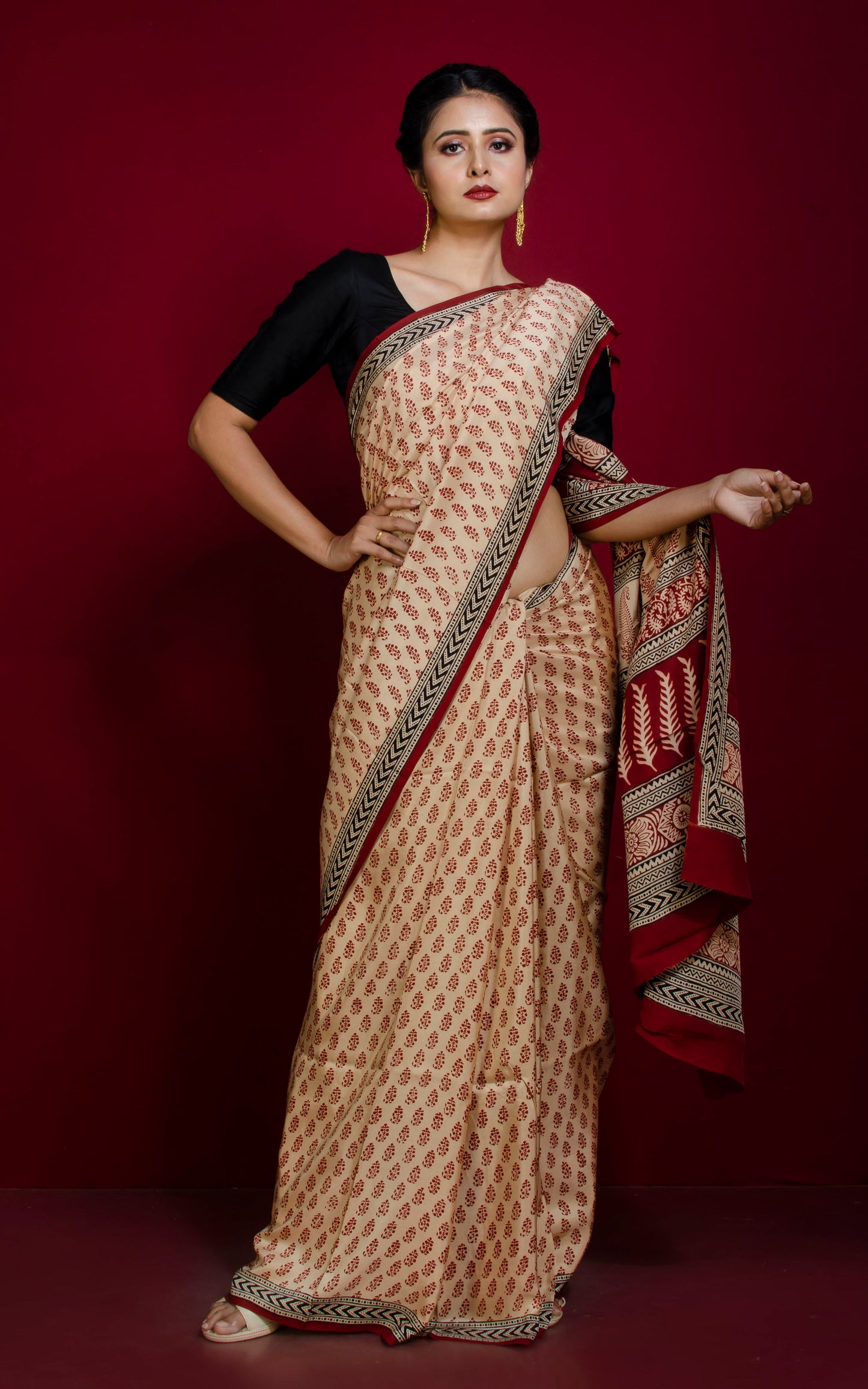 Hand Block Bagh Printed Soft Tussar Silk Saree in Beige, Maroon and Black