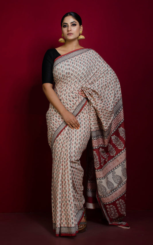 Hand Block Bagh Printed Soft Mulmul Moonga Saree in Beige, Rust Brown and Black