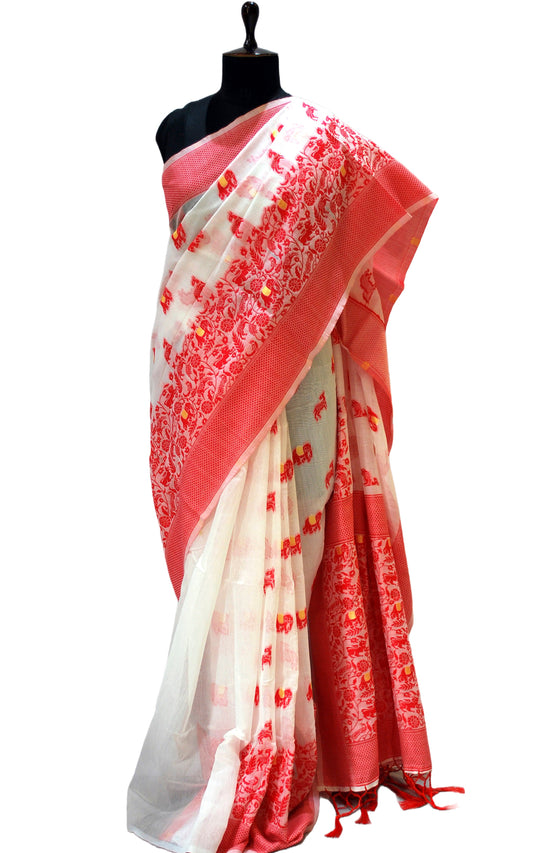 Traditional Baluchari Cotton Silk Saree in Off White, Red and Pale Yellow