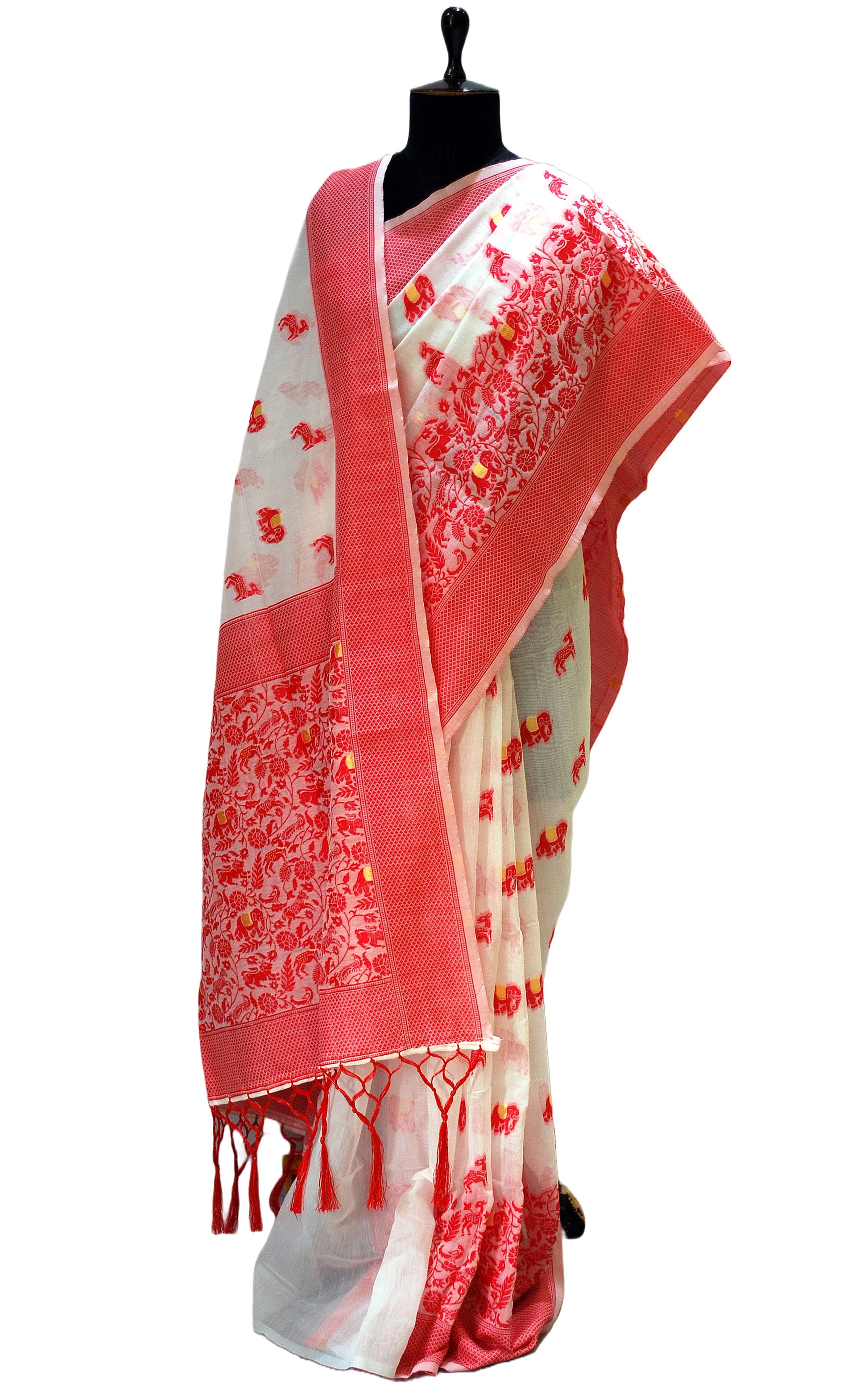 Traditional Baluchari Cotton Silk Saree in Off White, Red and Pale Yellow