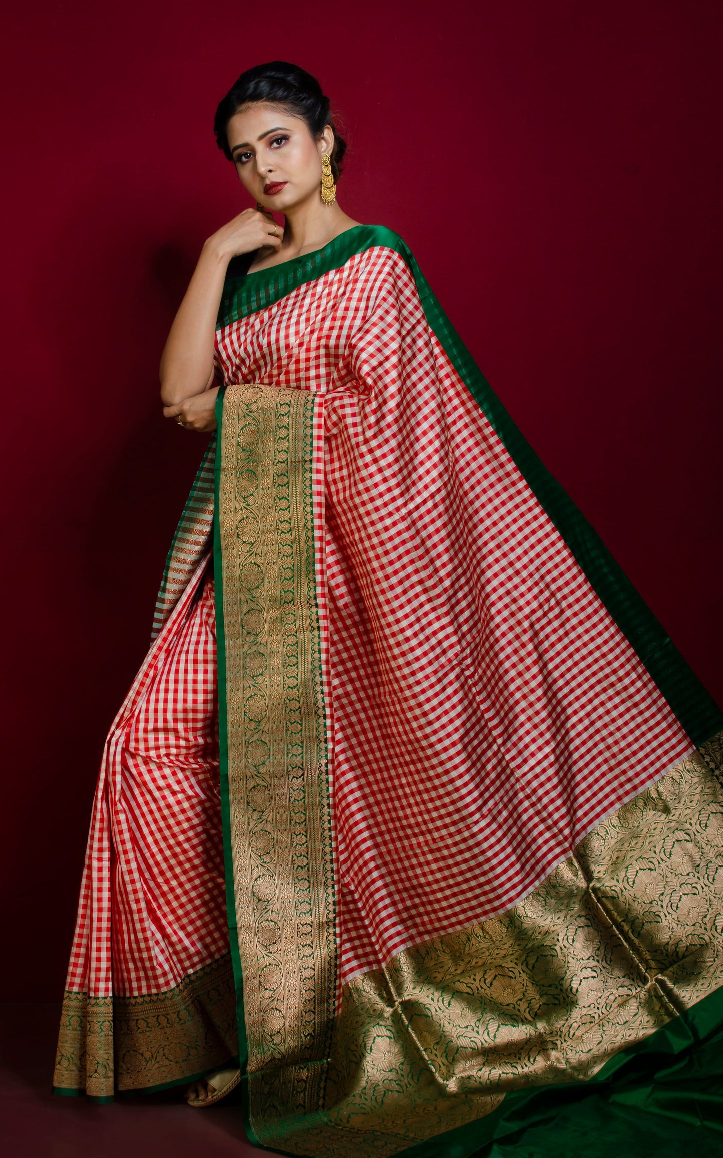 Designer Checks Katan Banarasi Silk Saree in Off White, Red and Dark Green