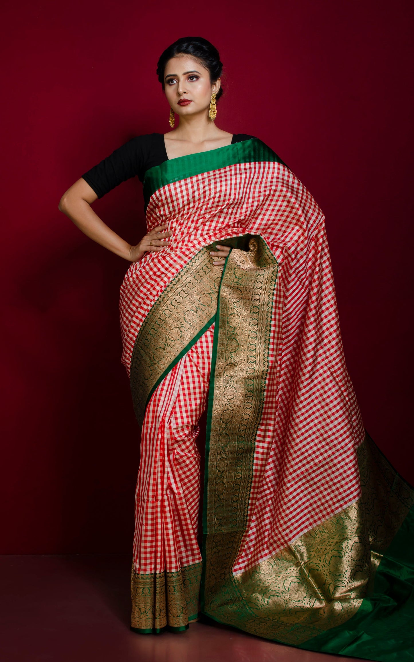 Designer Checks Katan Banarasi Silk Saree in Off White, Red and Dark Green