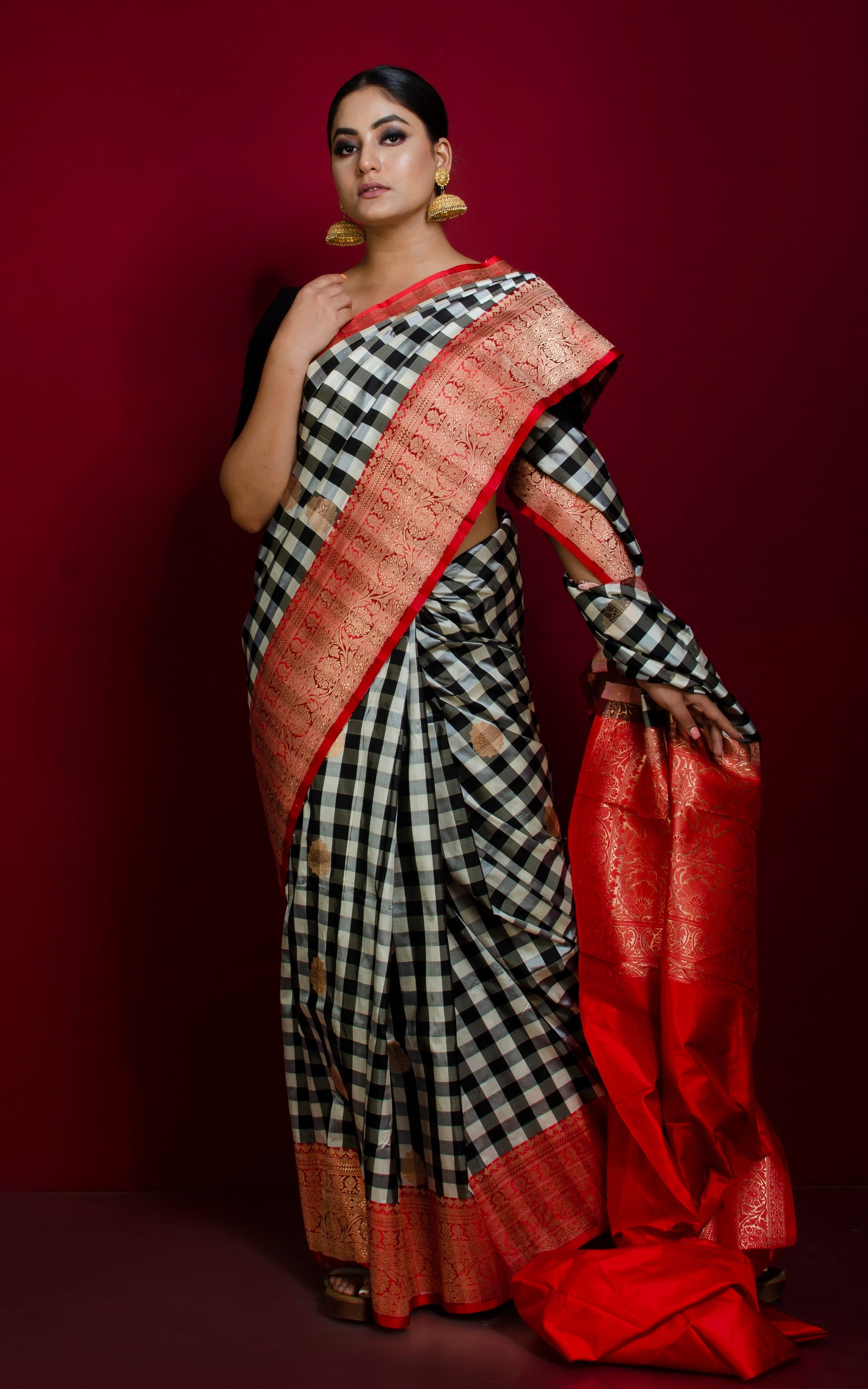 Designer Checks Katan Banarasi Silk Saree in Off White, Black and Red