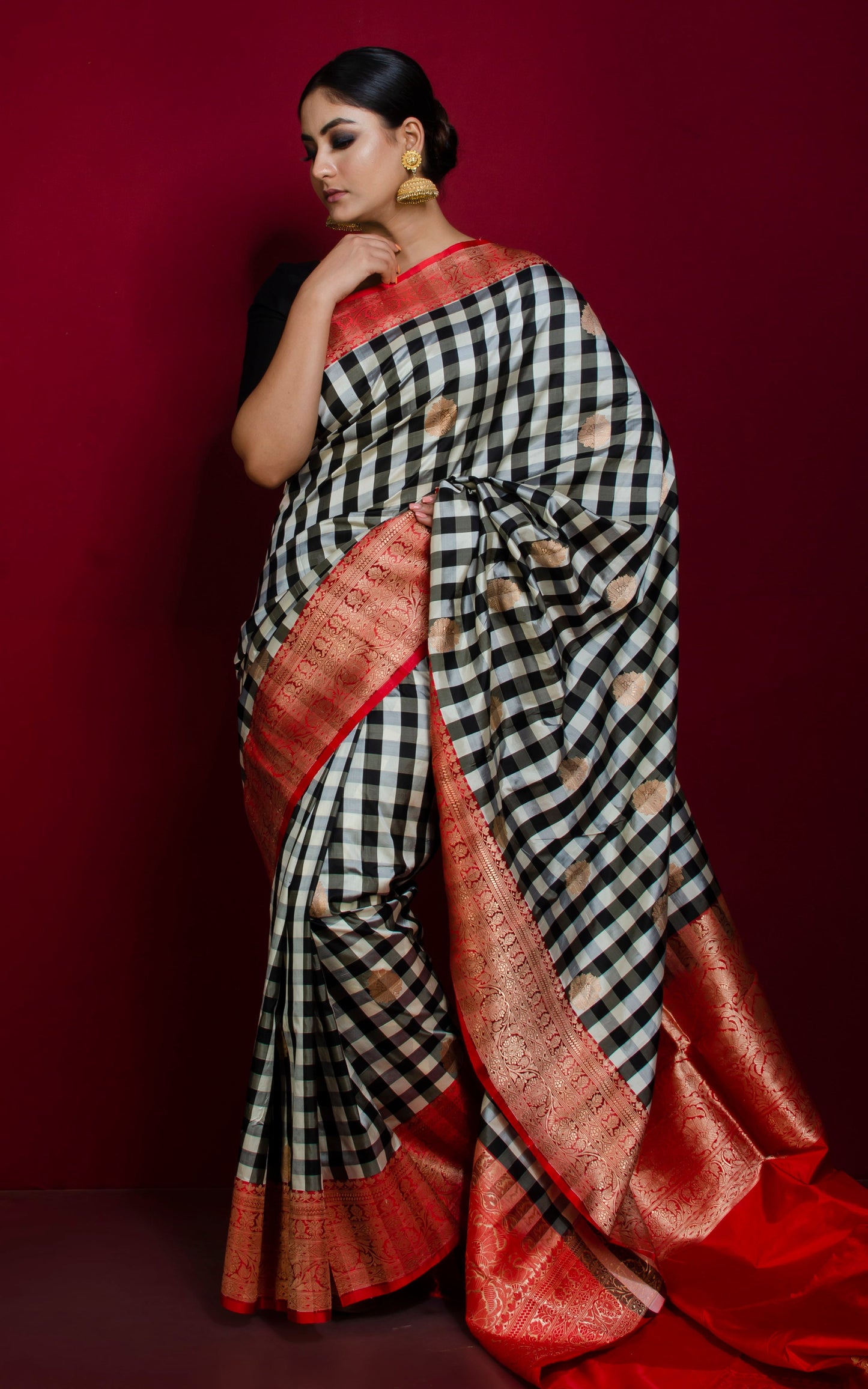 Designer Checks Katan Banarasi Silk Saree in Off White, Black and Red